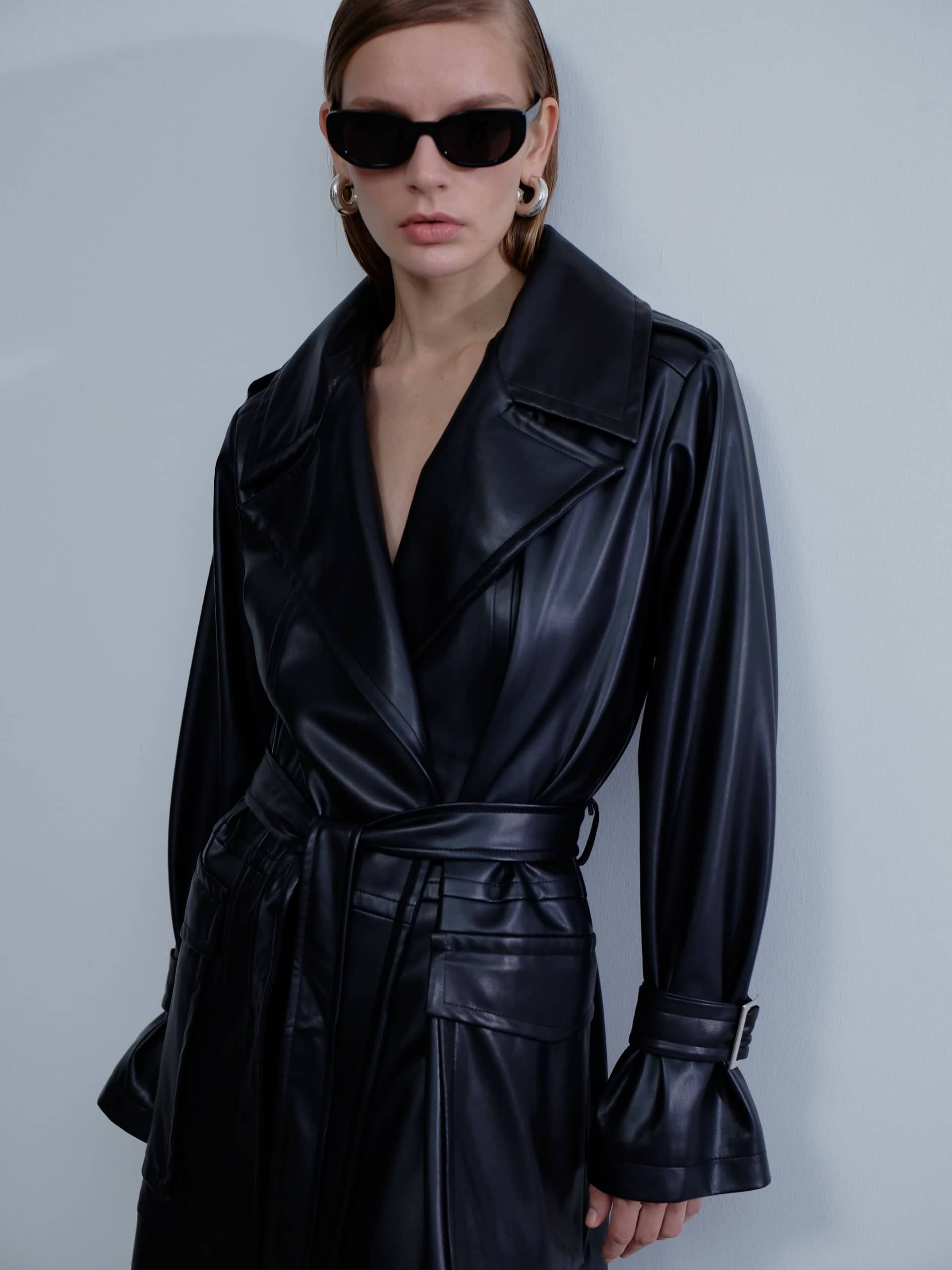 Cecile Vegan Leather Trenchcoat in Noire made by Nazli Ceren