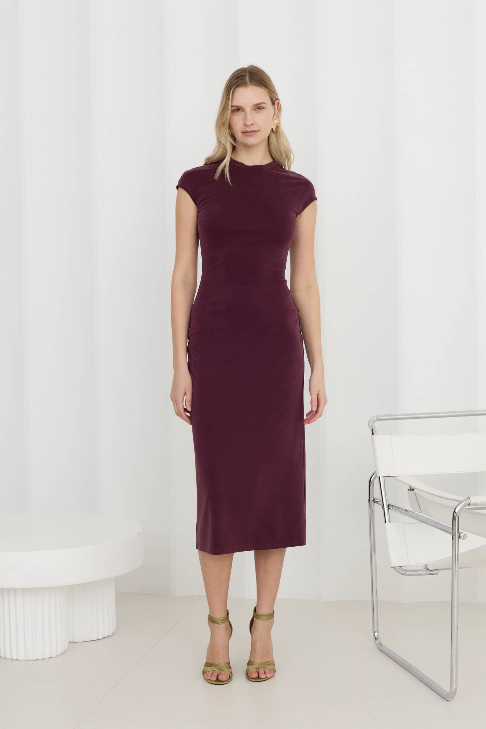 ASTER Dark Purple Jersey Midi Dress With Cap Sleeves made by UNDRESS