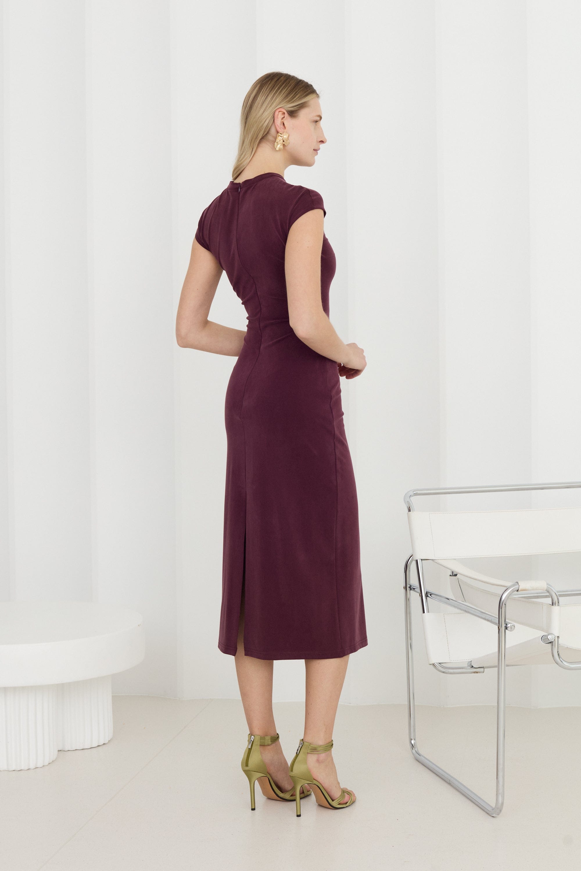 ASTER Dark Purple Jersey Midi Dress With Cap Sleeves made by UNDRESS