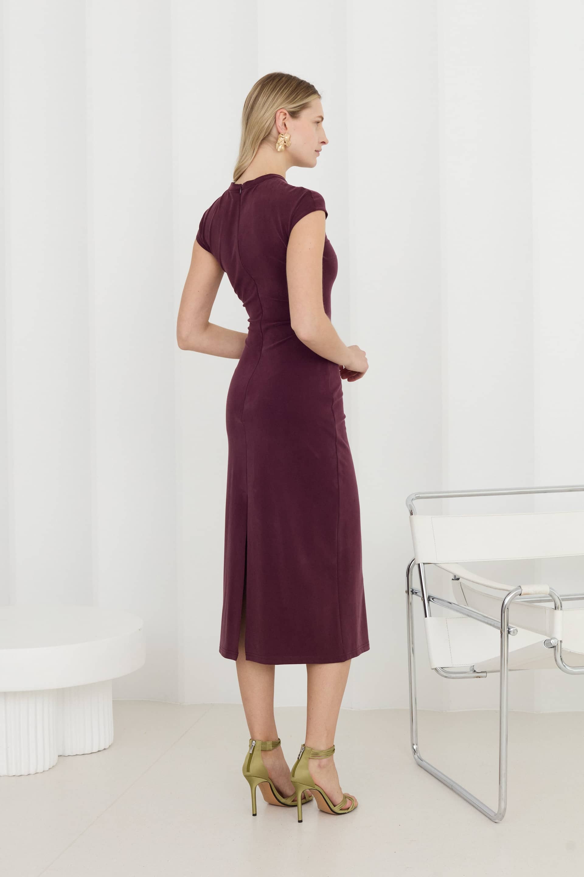ASTER Dark Purple Jersey Midi Dress With Cap Sleeves made by UNDRESS