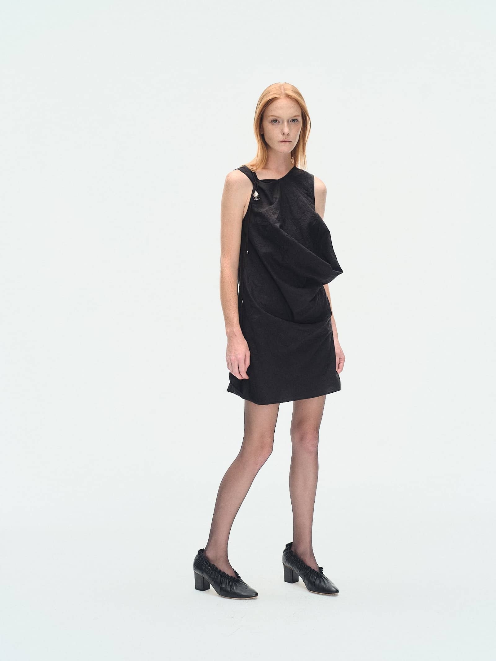BLACK TEXTURED DRAPED MINI DRESS made by YIBRI
