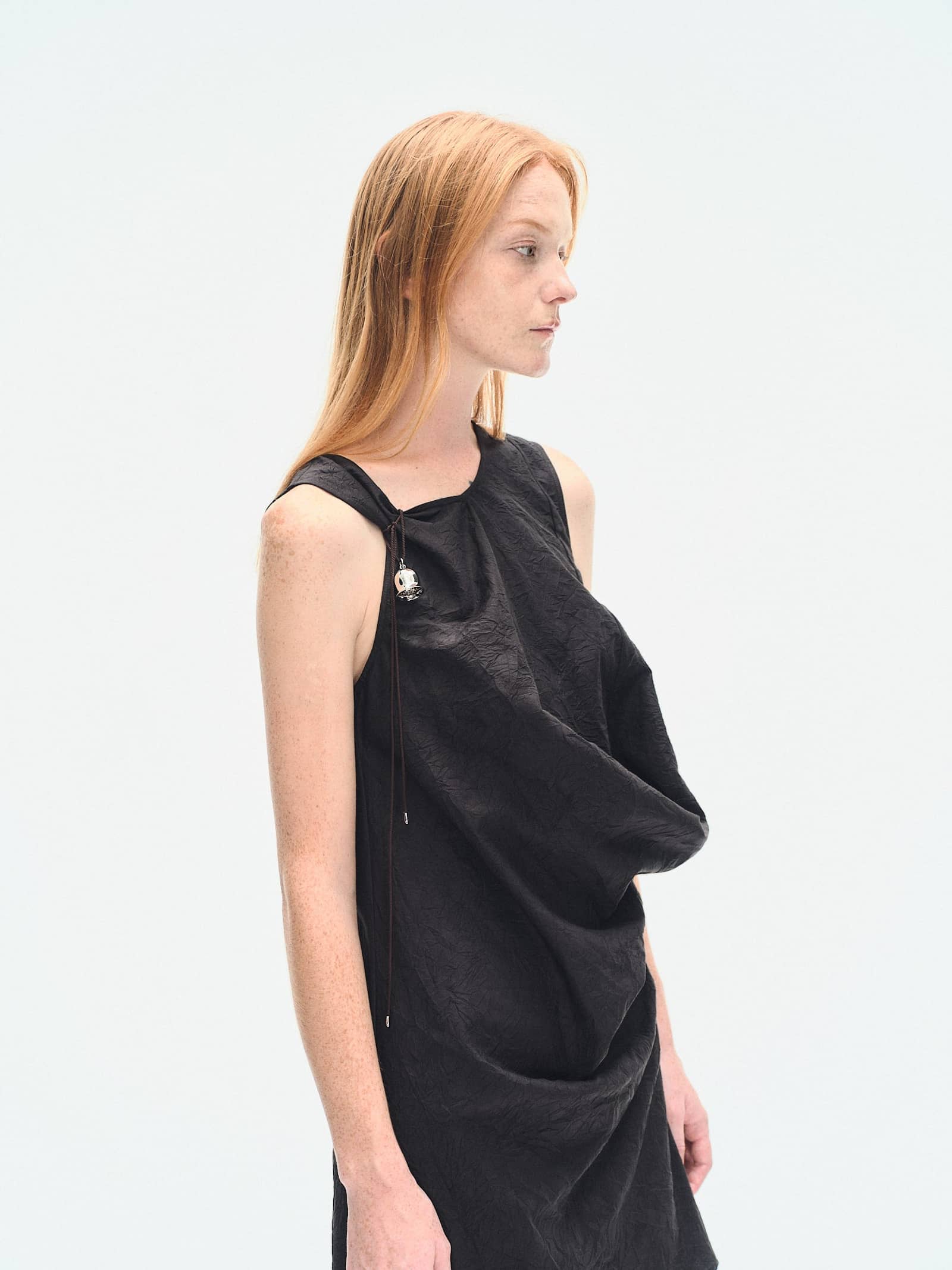 BLACK TEXTURED DRAPED MINI DRESS made by YIBRI