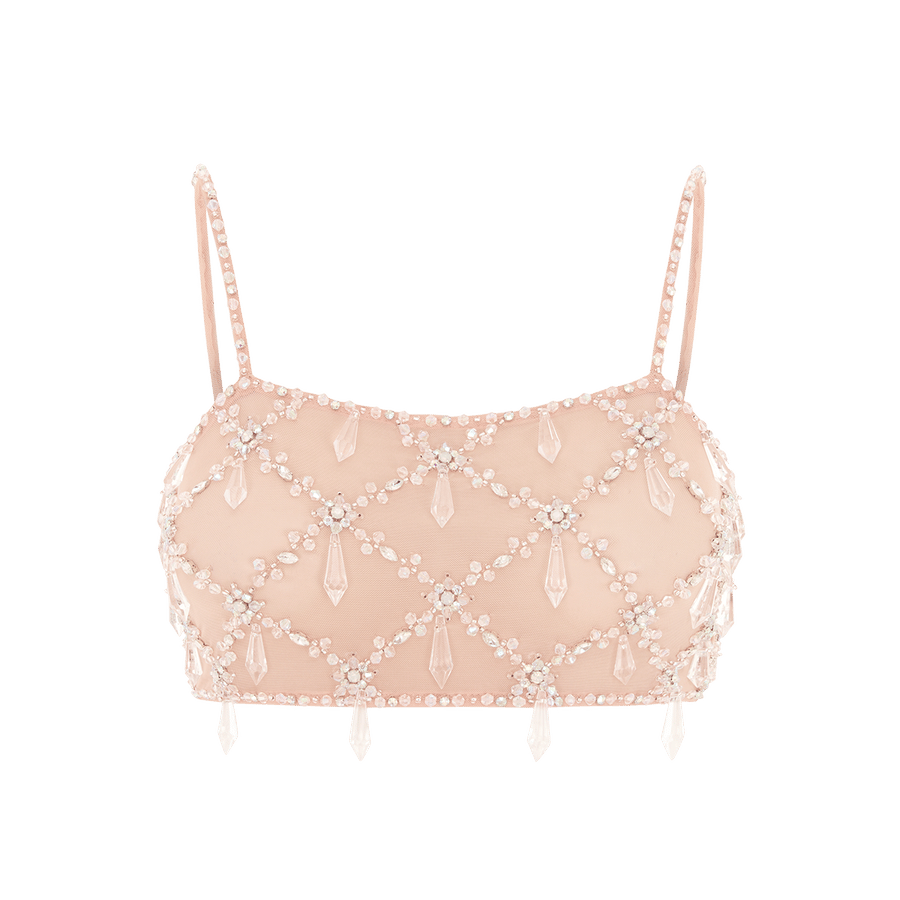 Calliope Luxury Crystal Nude Co-Ord Top in Beige made by Oceanus Swimwear