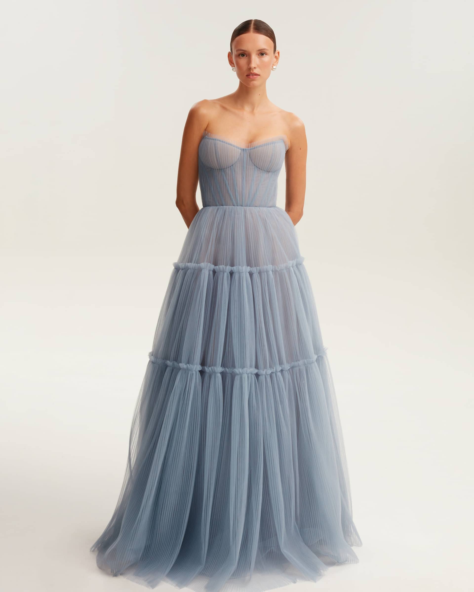 Cloudy blue tulle maxi dress with ruffled skirt, Garden of Eden made by Milla