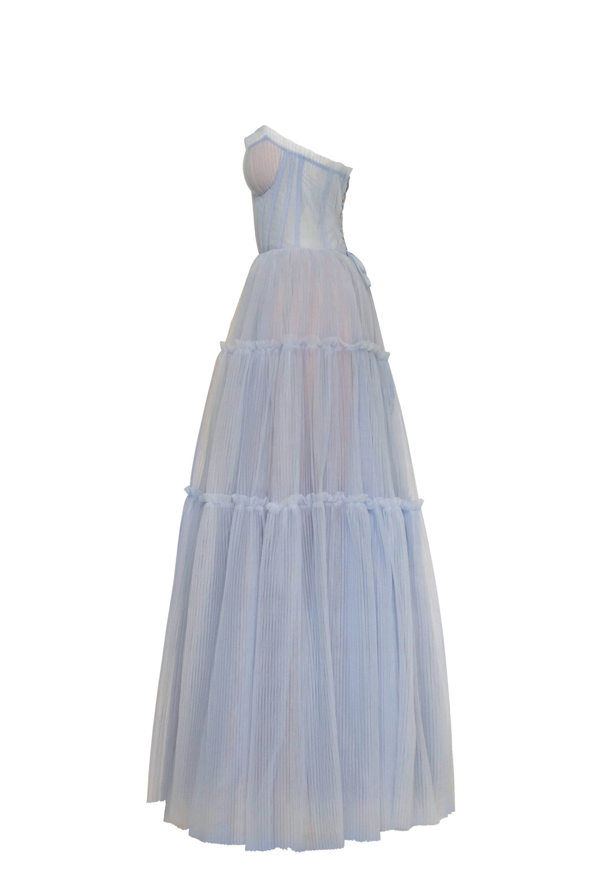 Cloudy blue tulle maxi dress with ruffled skirt, Garden of Eden made by Milla