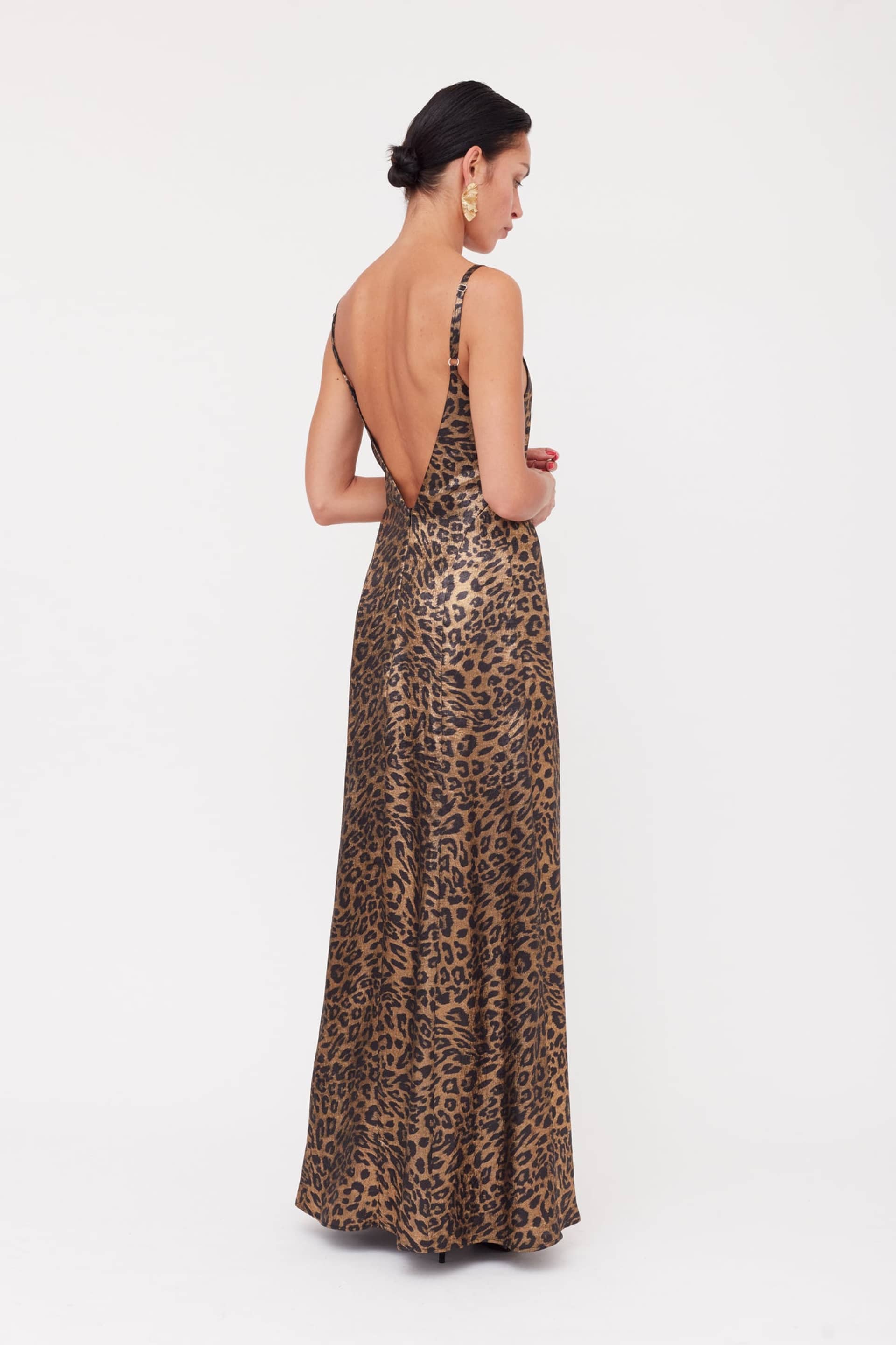 INES Leopard Metallic Fabric Long Open Back Dress made by UNDRESS