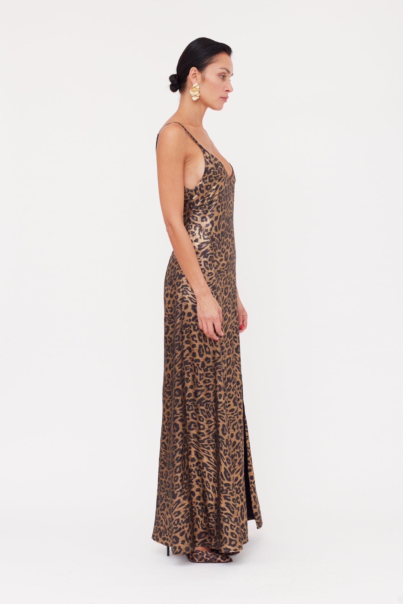 INES Leopard Metallic Fabric Long Open Back Dress made by UNDRESS