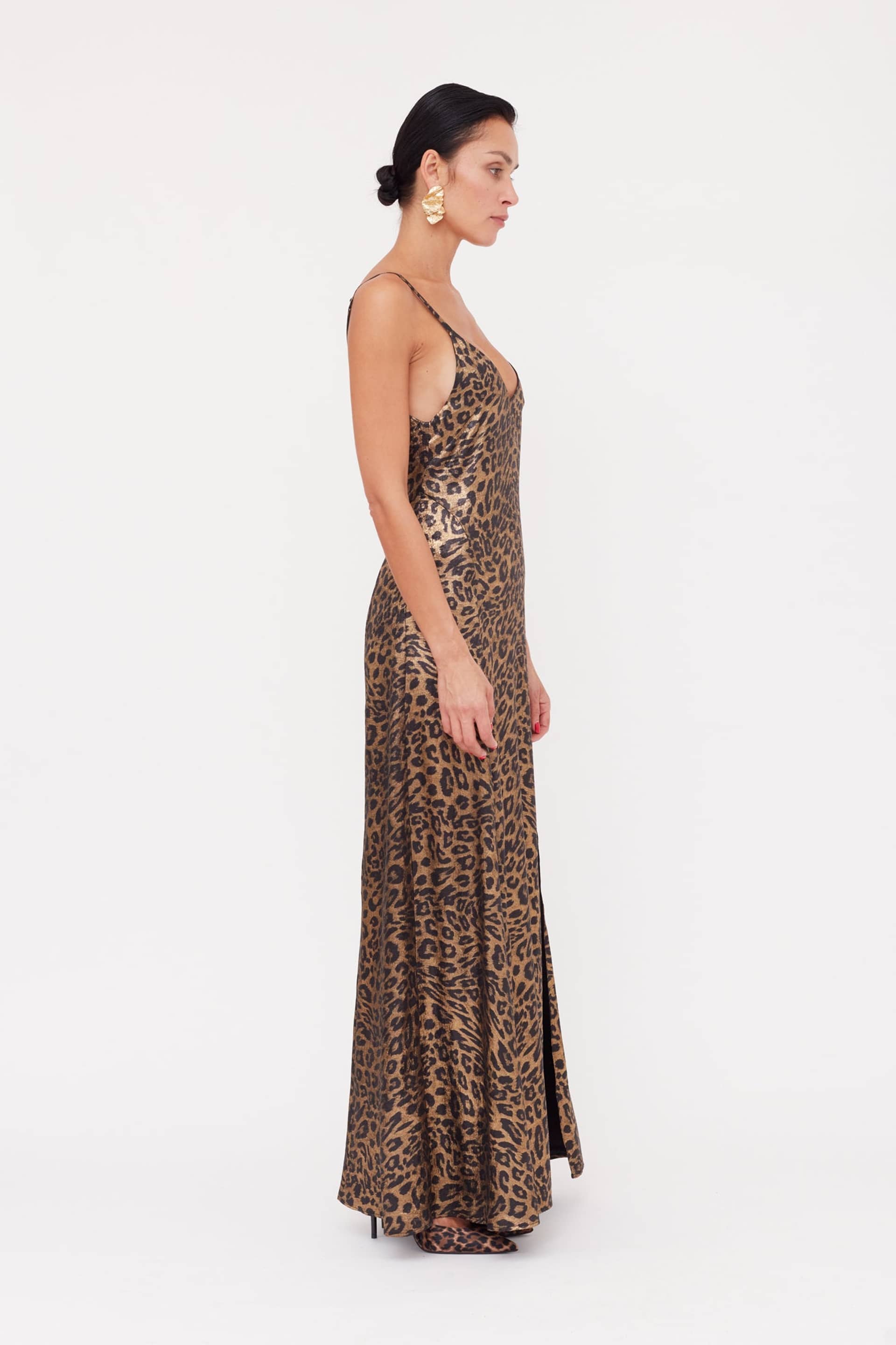 INES Leopard Metallic Fabric Long Open Back Dress made by UNDRESS