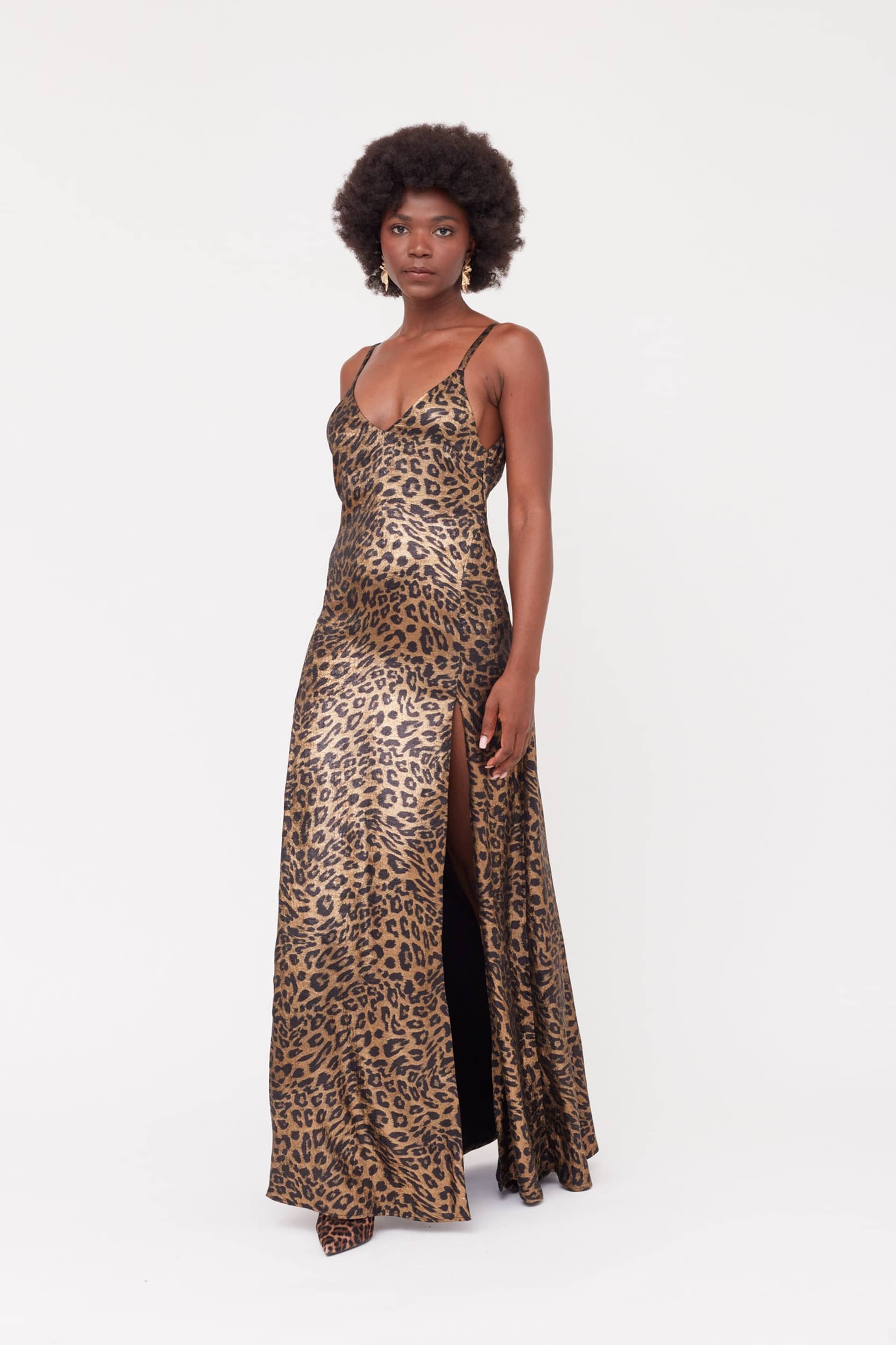 INES Leopard Metallic Fabric Long Open Back Dress made by UNDRESS