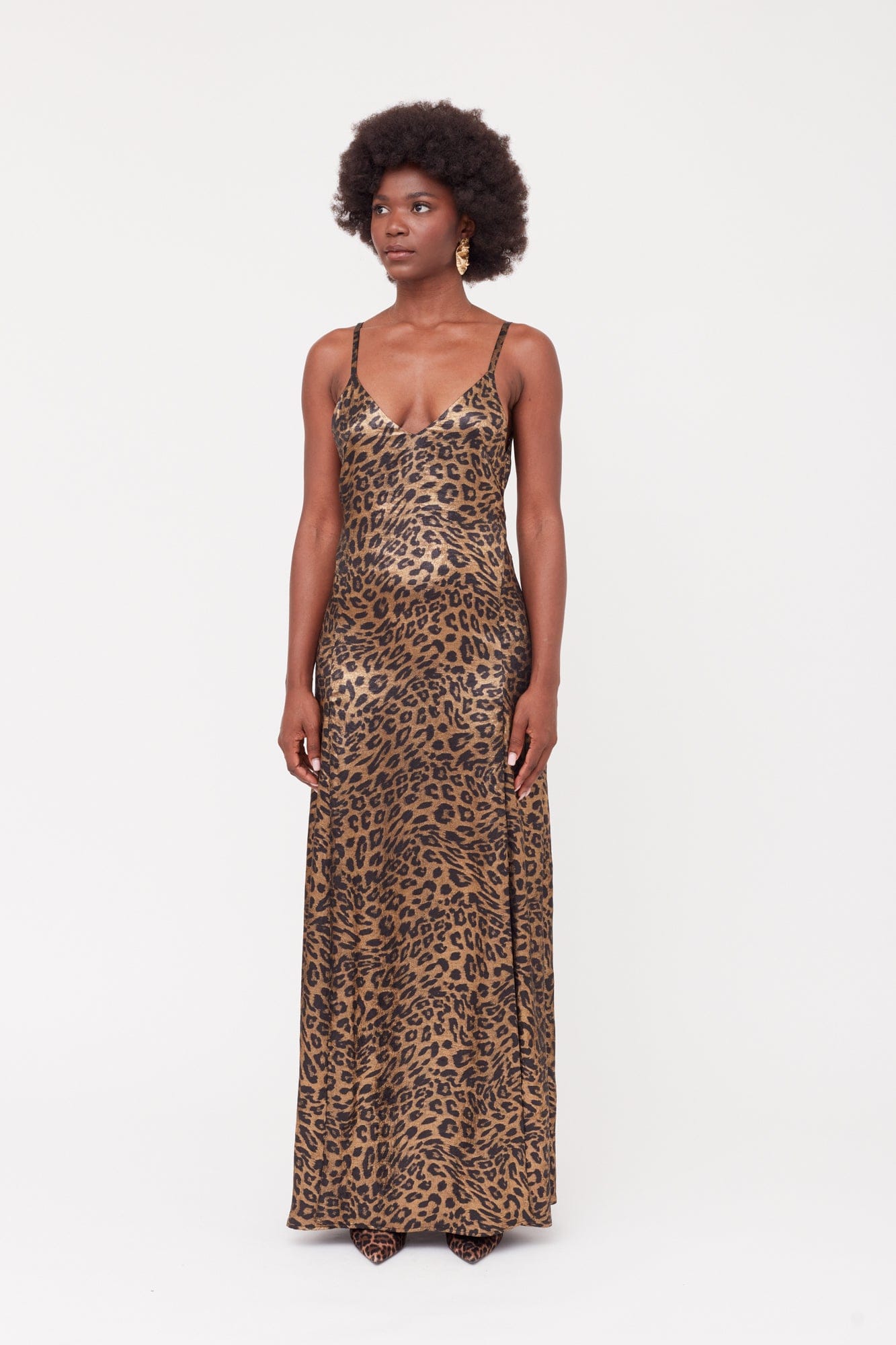 INES Leopard Metallic Fabric Long Open Back Dress made by UNDRESS