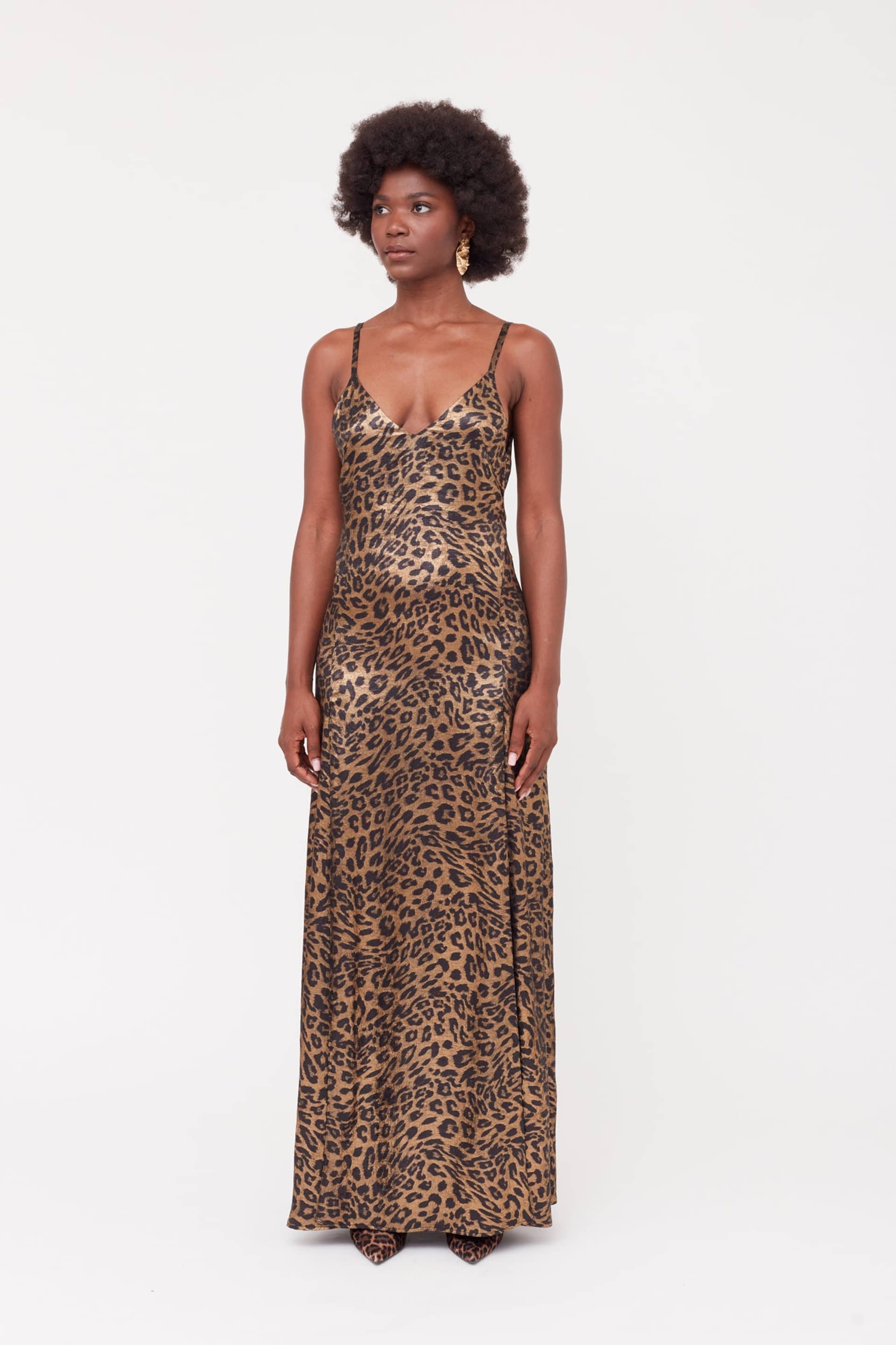 INES Leopard Metallic Fabric Long Open Back Dress made by UNDRESS