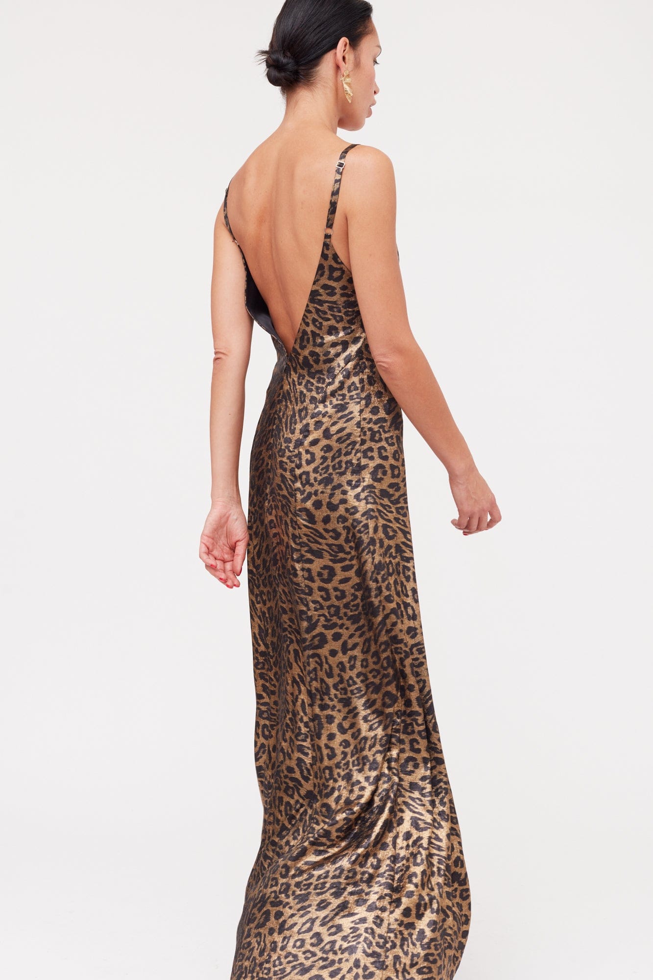 INES Leopard Metallic Fabric Long Open Back Dress made by UNDRESS