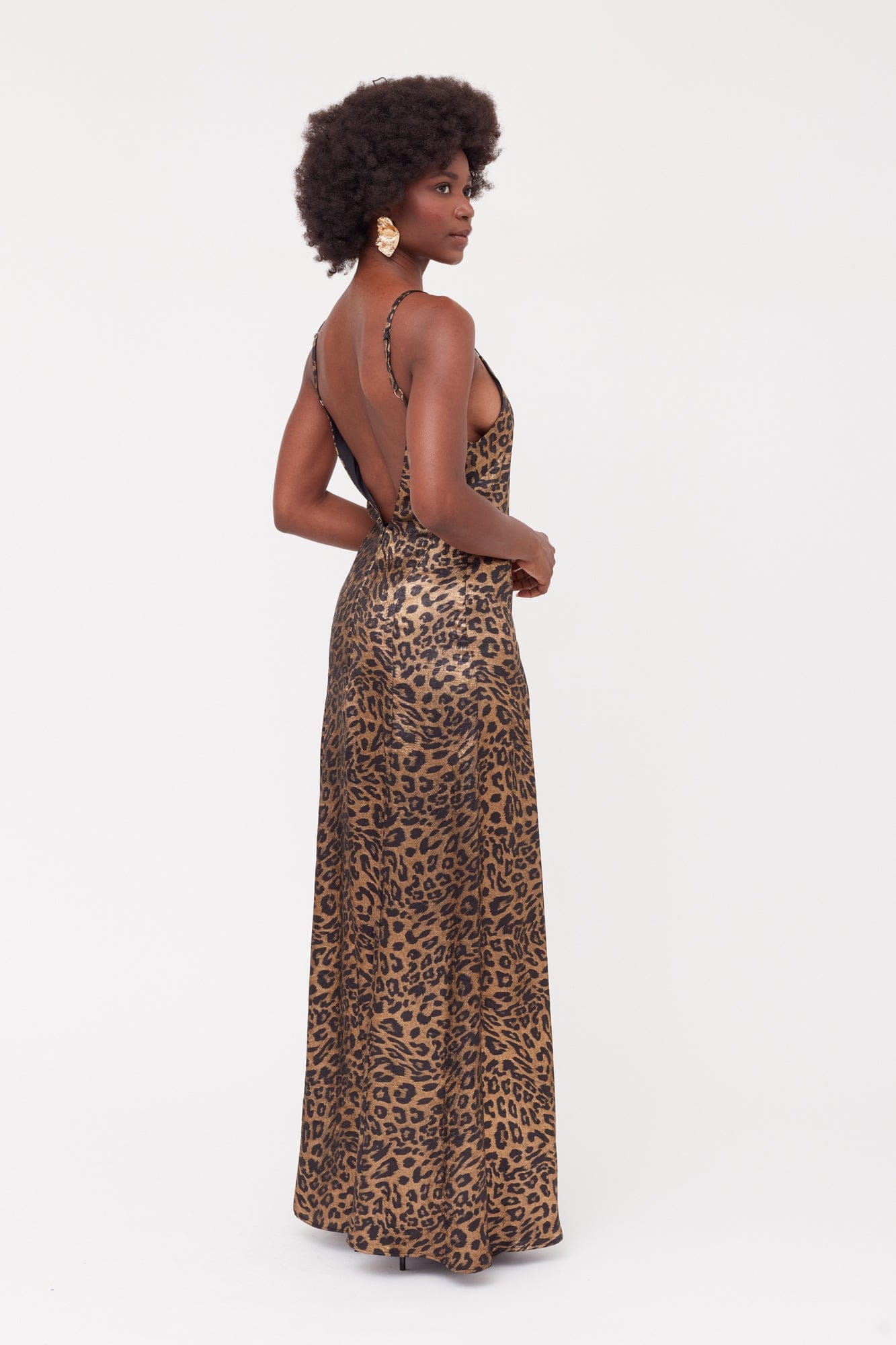 INES Leopard Metallic Fabric Long Open Back Dress made by UNDRESS
