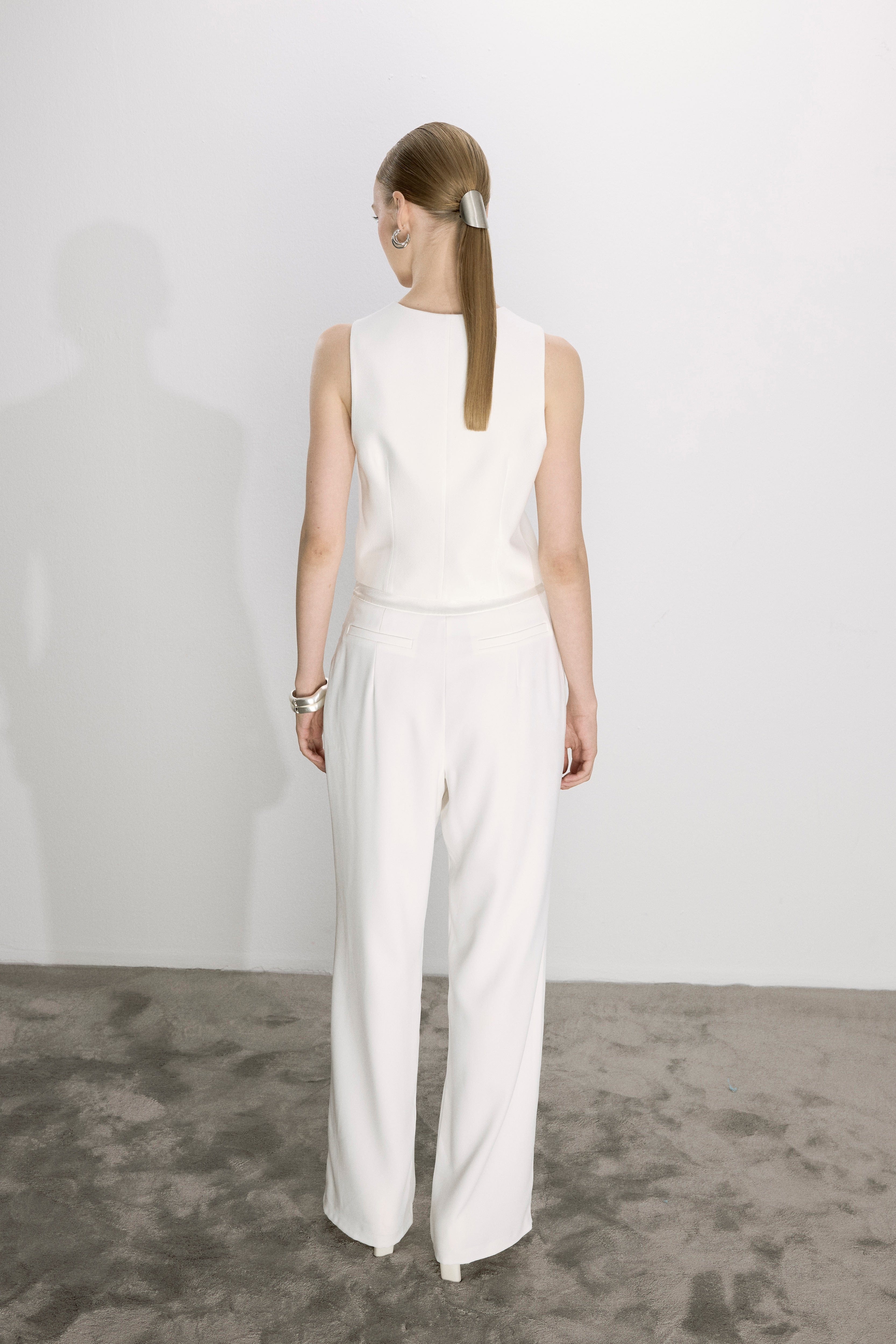 Tina Trousers In White With Satin Waistband made by Nazli Ceren