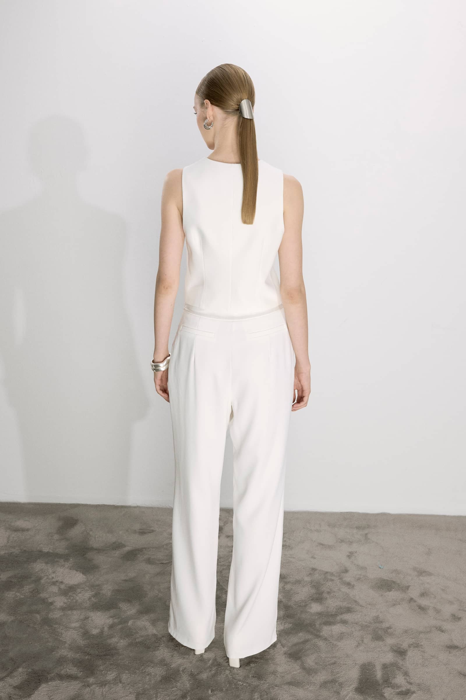 Tina Trousers In White With Satin Waistband made by Nazli Ceren