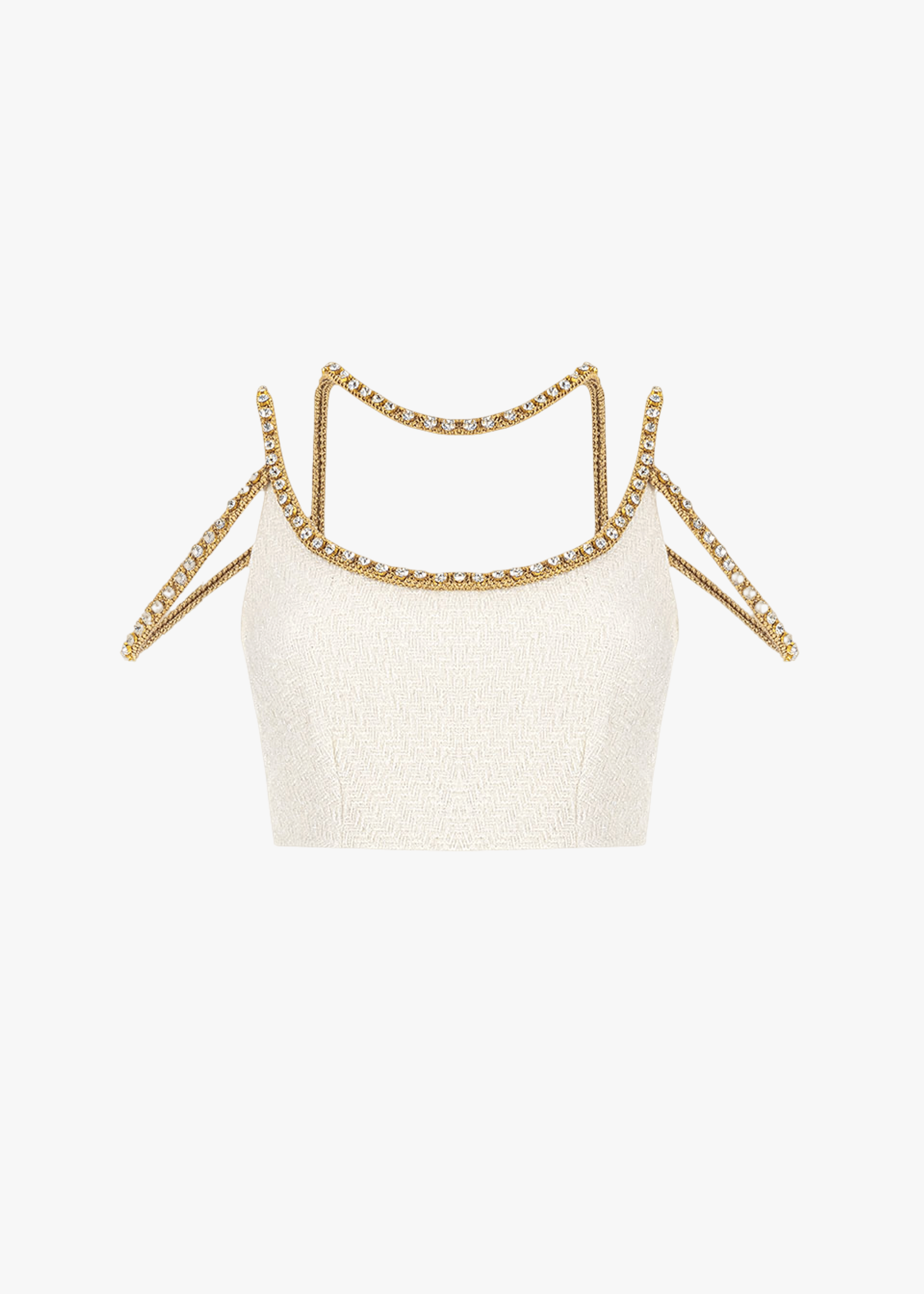 Gold thread-embroidered tweed top made by Monika Dimova