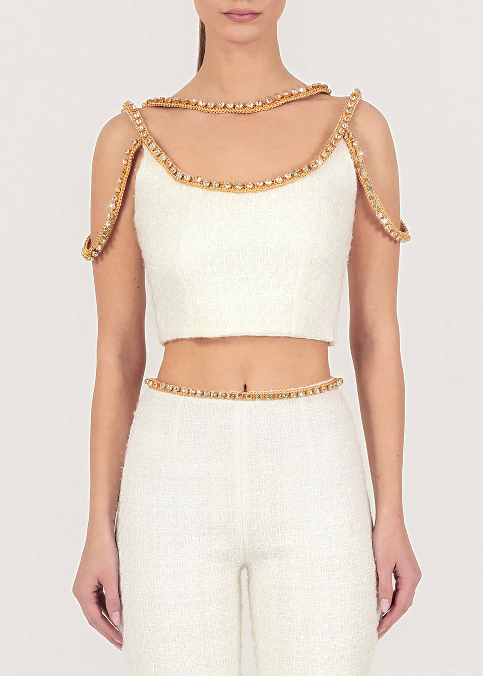 Gold thread-embroidered tweed top made by Monika Dimova