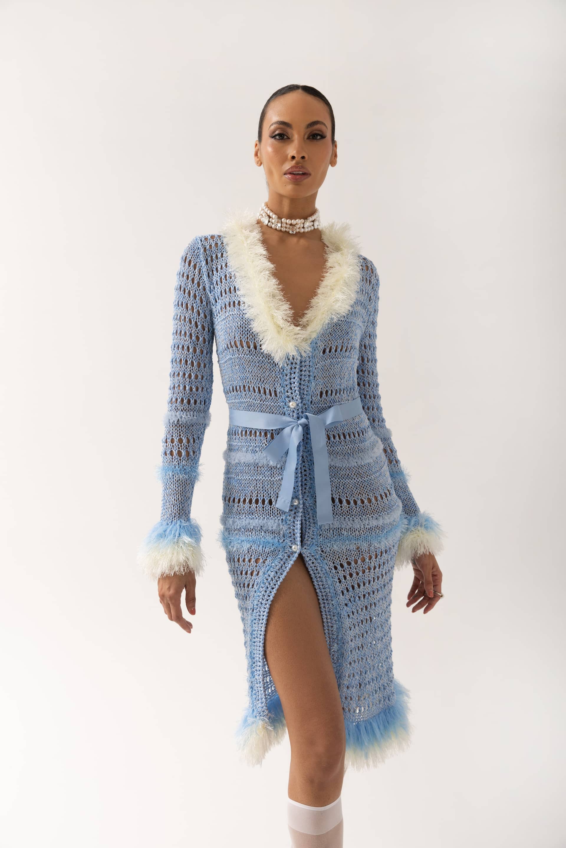 Baby Blue Rose Handmade Knit Dress-Cardigan made by ANDREEVA