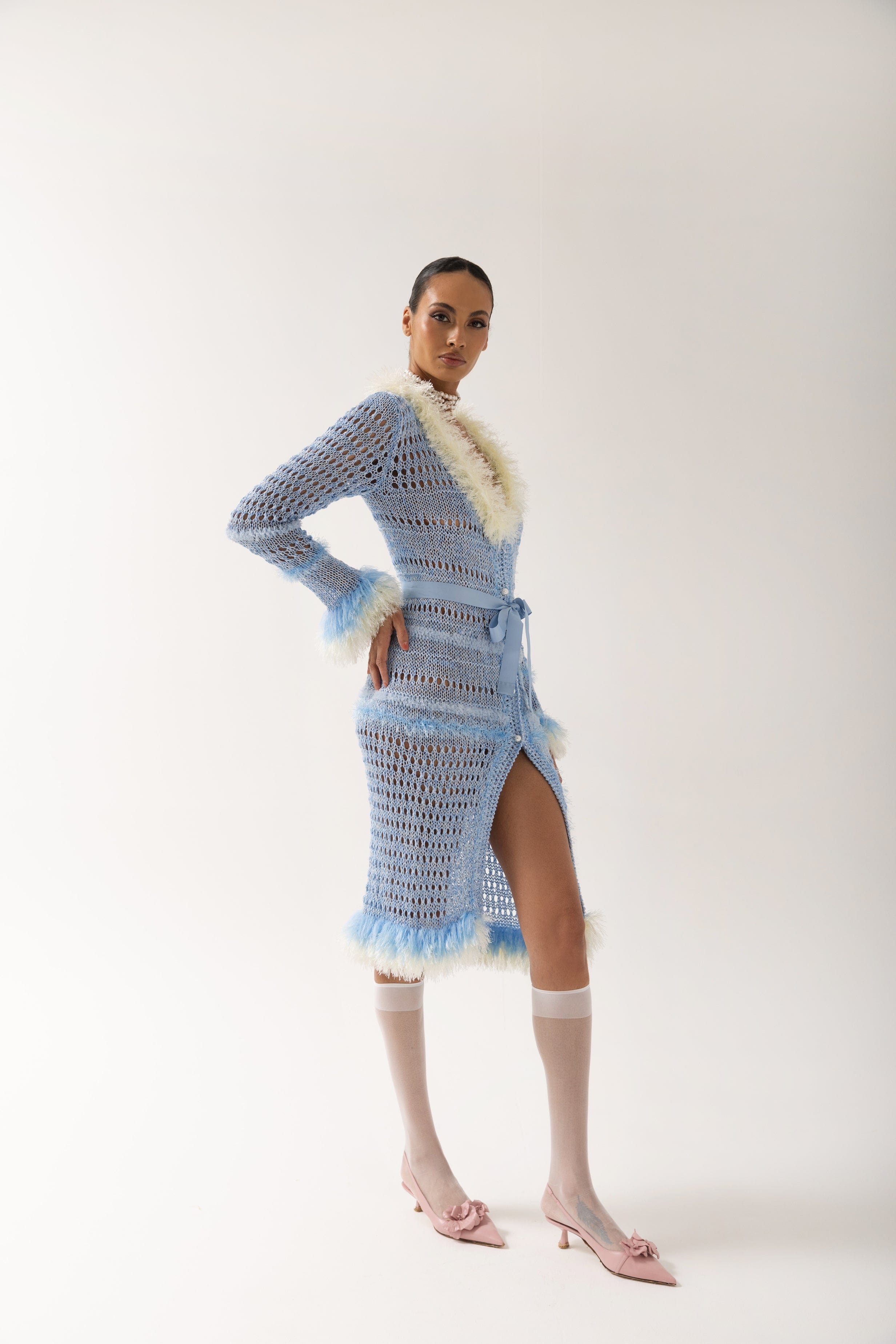 Baby Blue Rose Handmade Knit Dress-Cardigan made by ANDREEVA