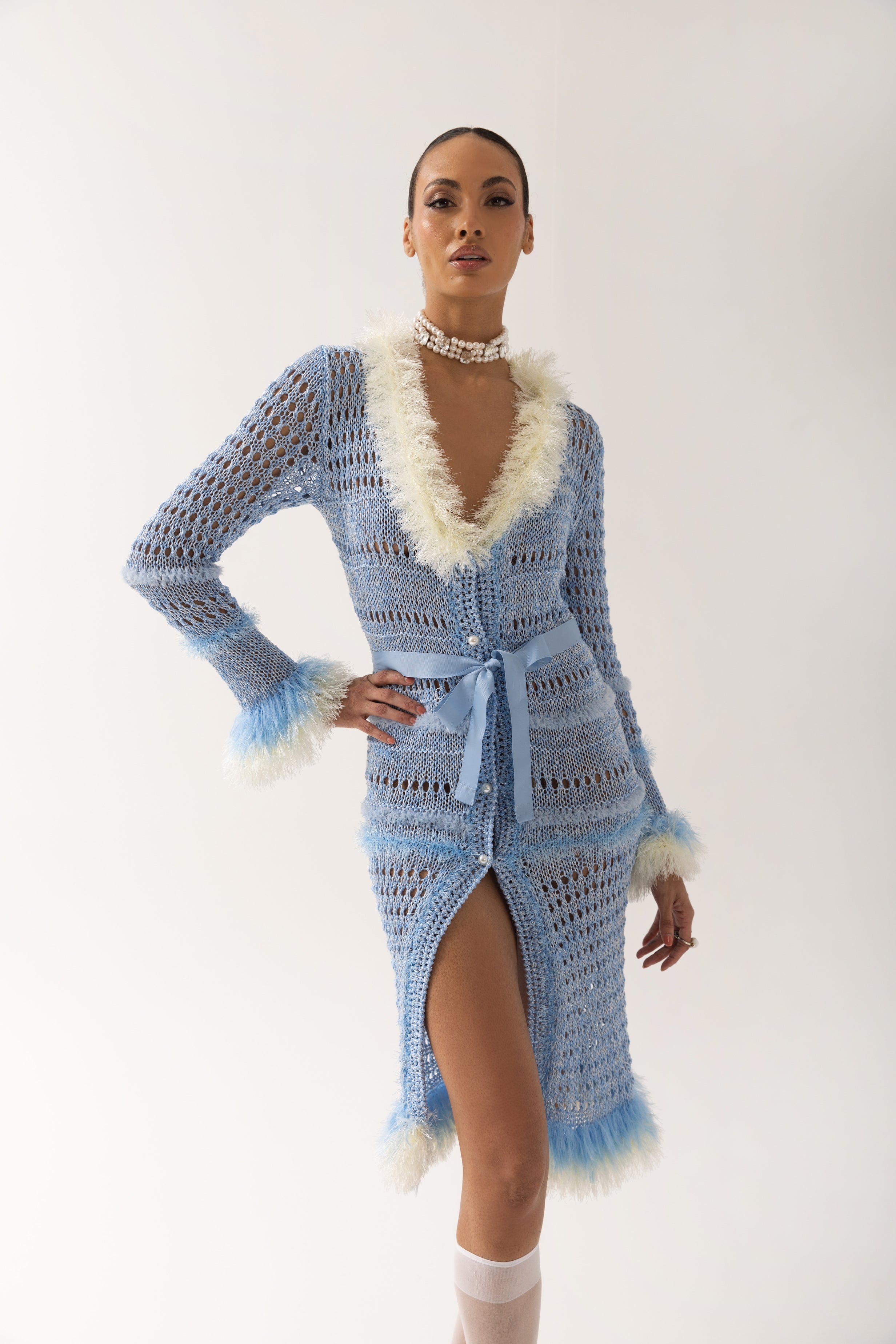 Baby Blue Rose Handmade Knit Dress-Cardigan made by ANDREEVA