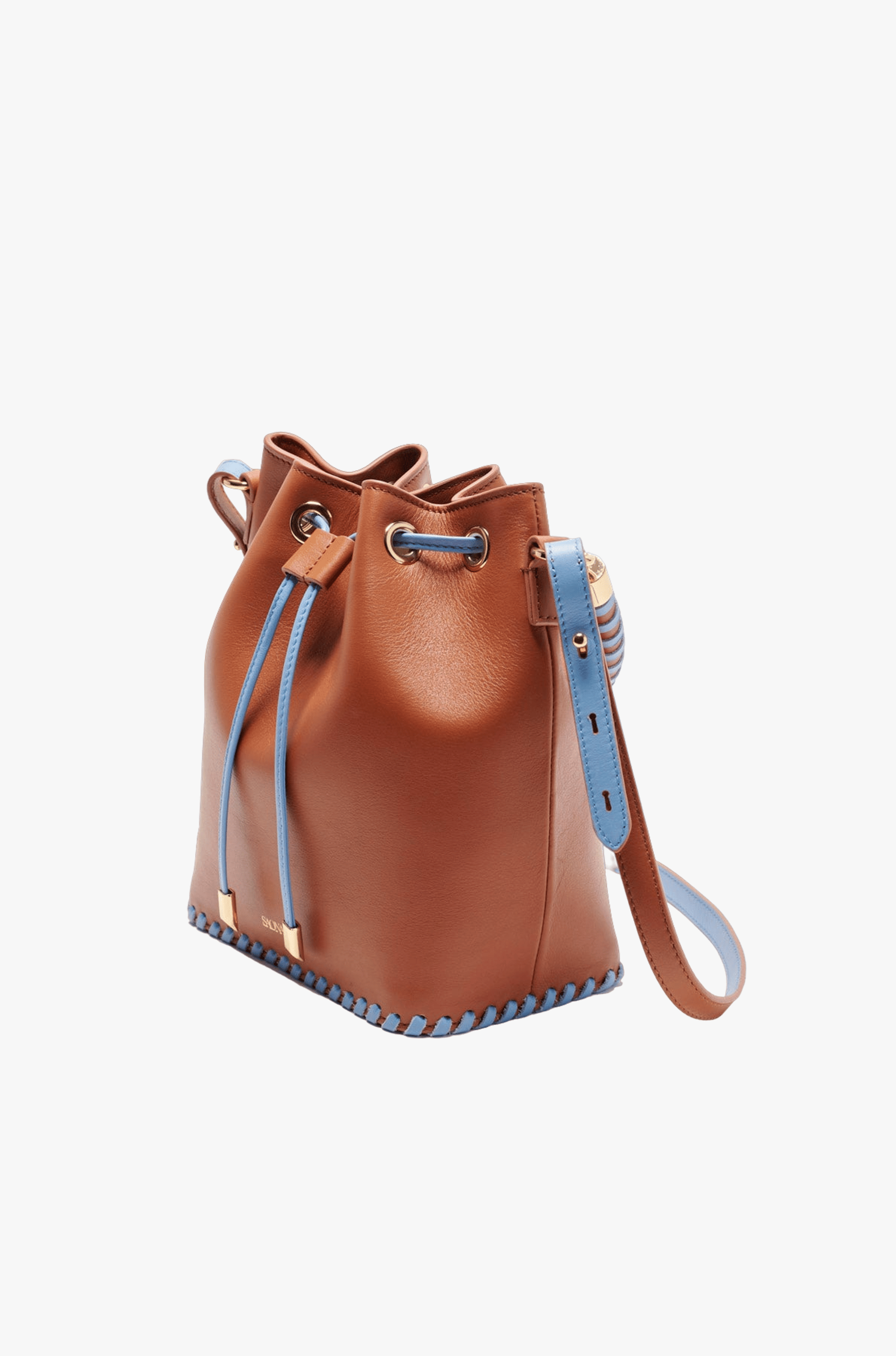 SAONARA BUCKET CARAMEL/BLUE SKY LEATHER made by Saonara