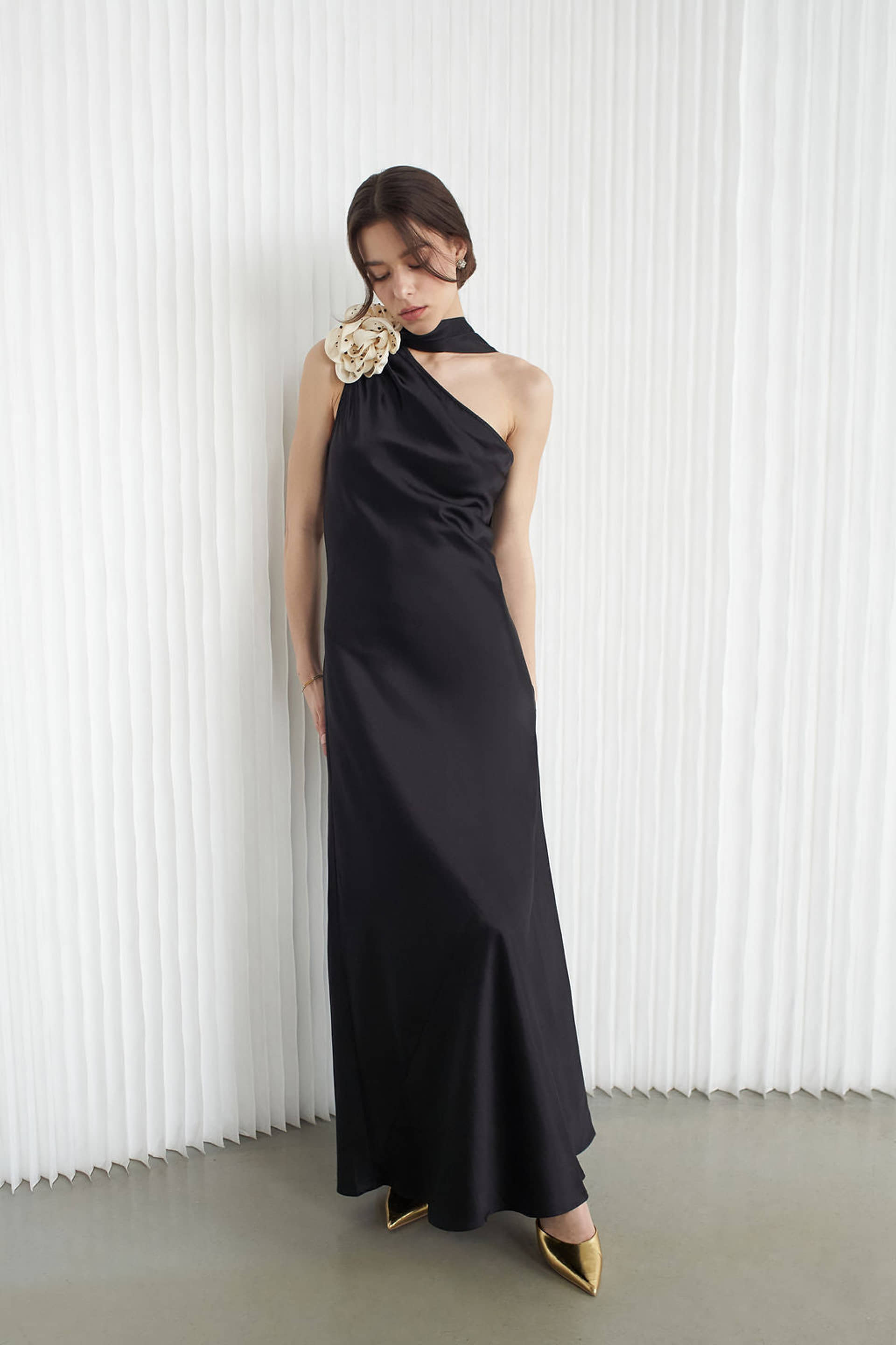 Portia Asymmetric Maxi Dress Noir With Crystallized Corsage made by Vasiliki