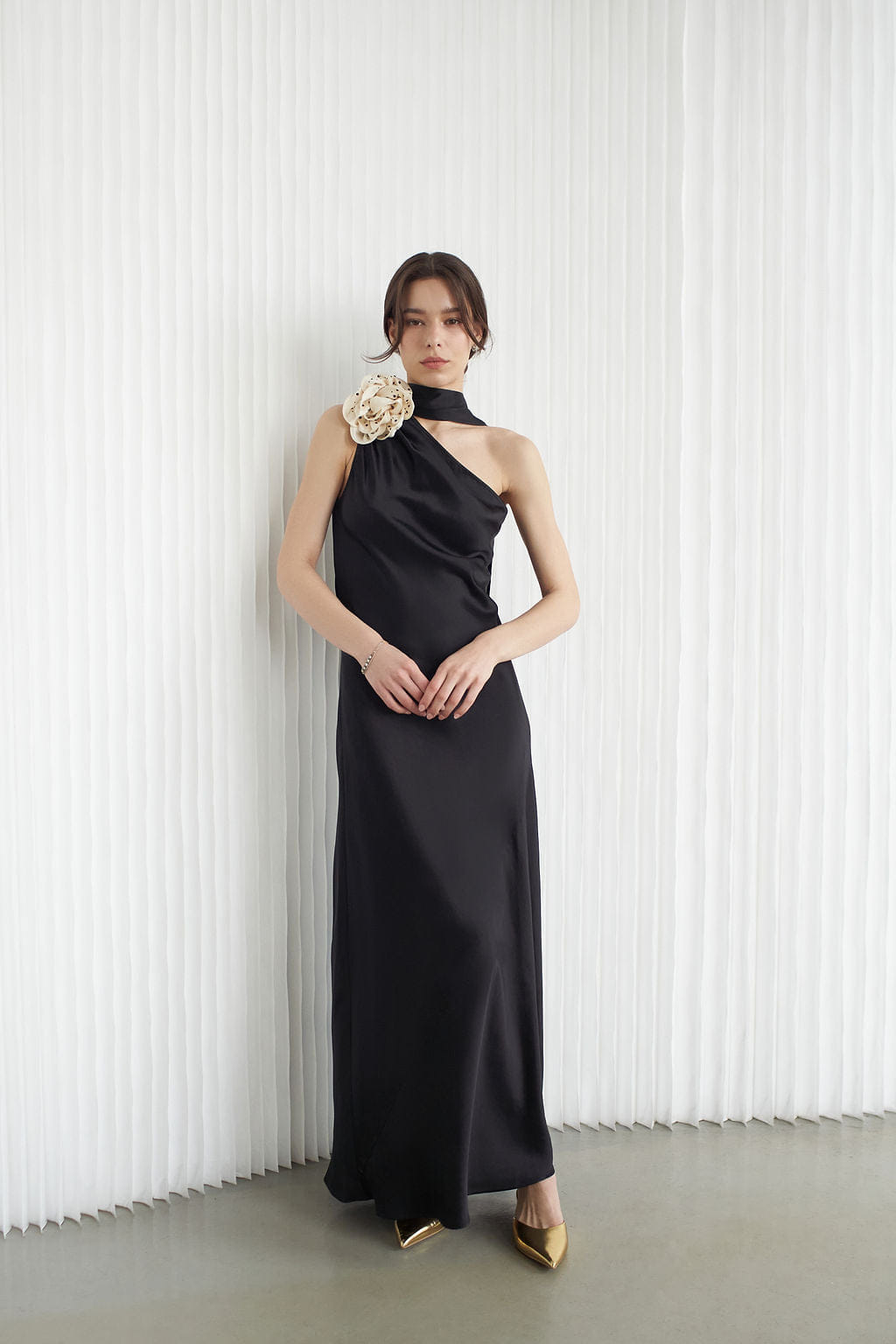 Portia Asymmetric Maxi Dress Noir With Crystallized Corsage made by Vasiliki