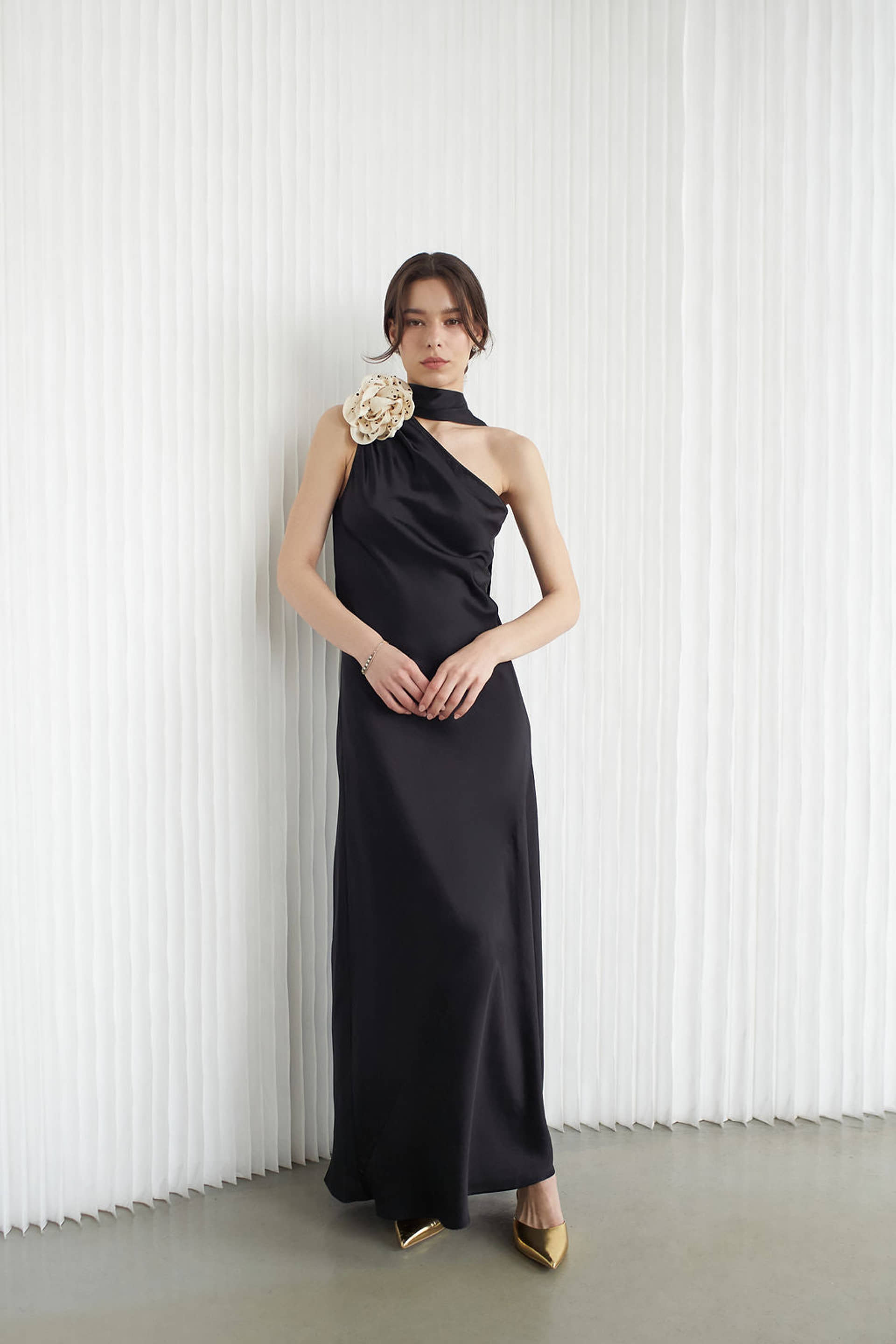 Portia Asymmetric Maxi Dress Noir With Crystallized Corsage made by Vasiliki