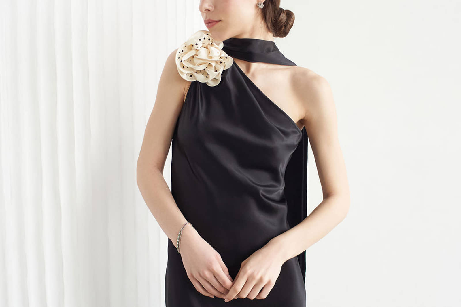 Portia Asymmetric Maxi Dress Noir With Crystallized Corsage made by Vasiliki