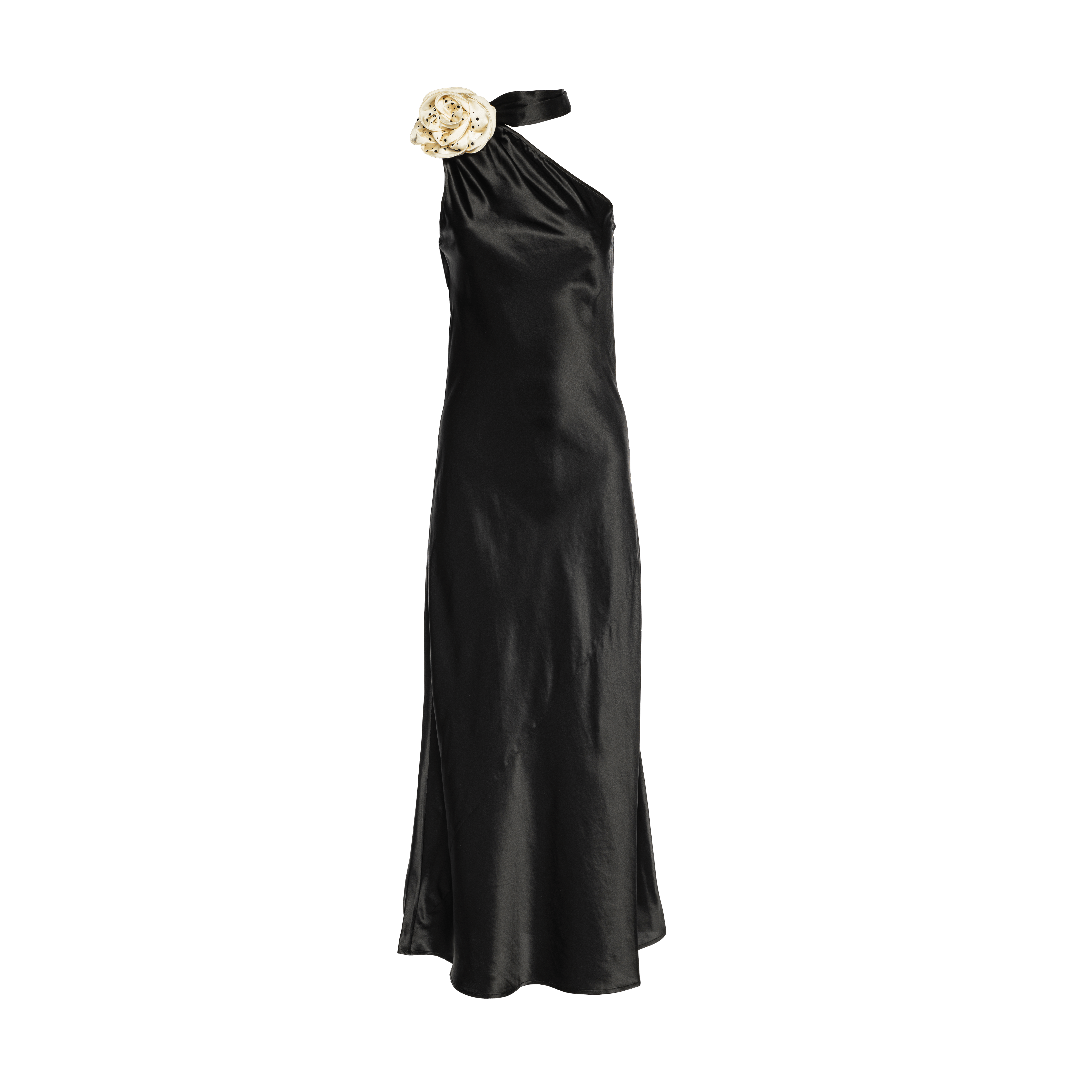 Portia Asymmetric Maxi Dress Noir With Crystallized Corsage made by Vasiliki