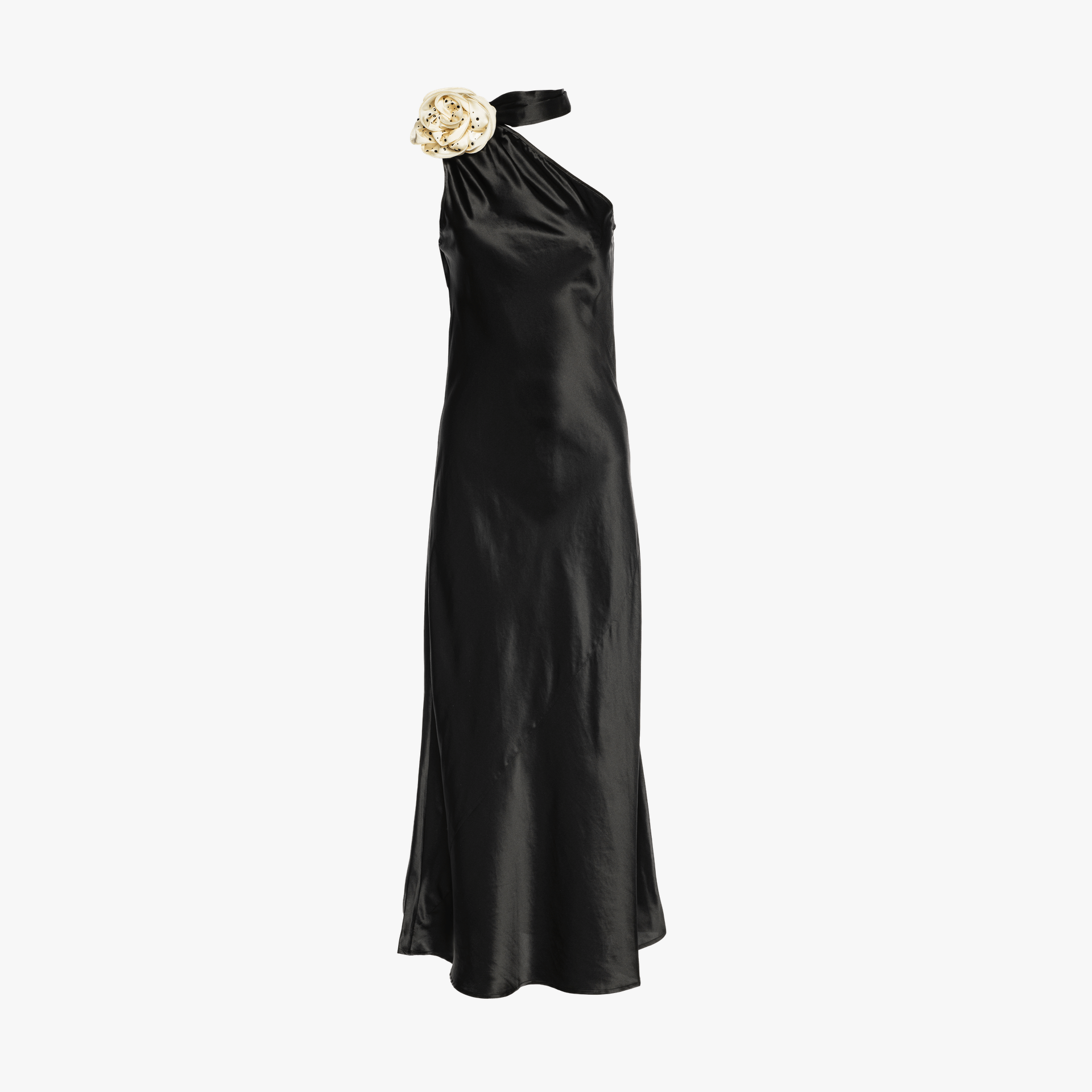 Portia Asymmetric Maxi Dress Noir With Crystallized Corsage made by Vasiliki