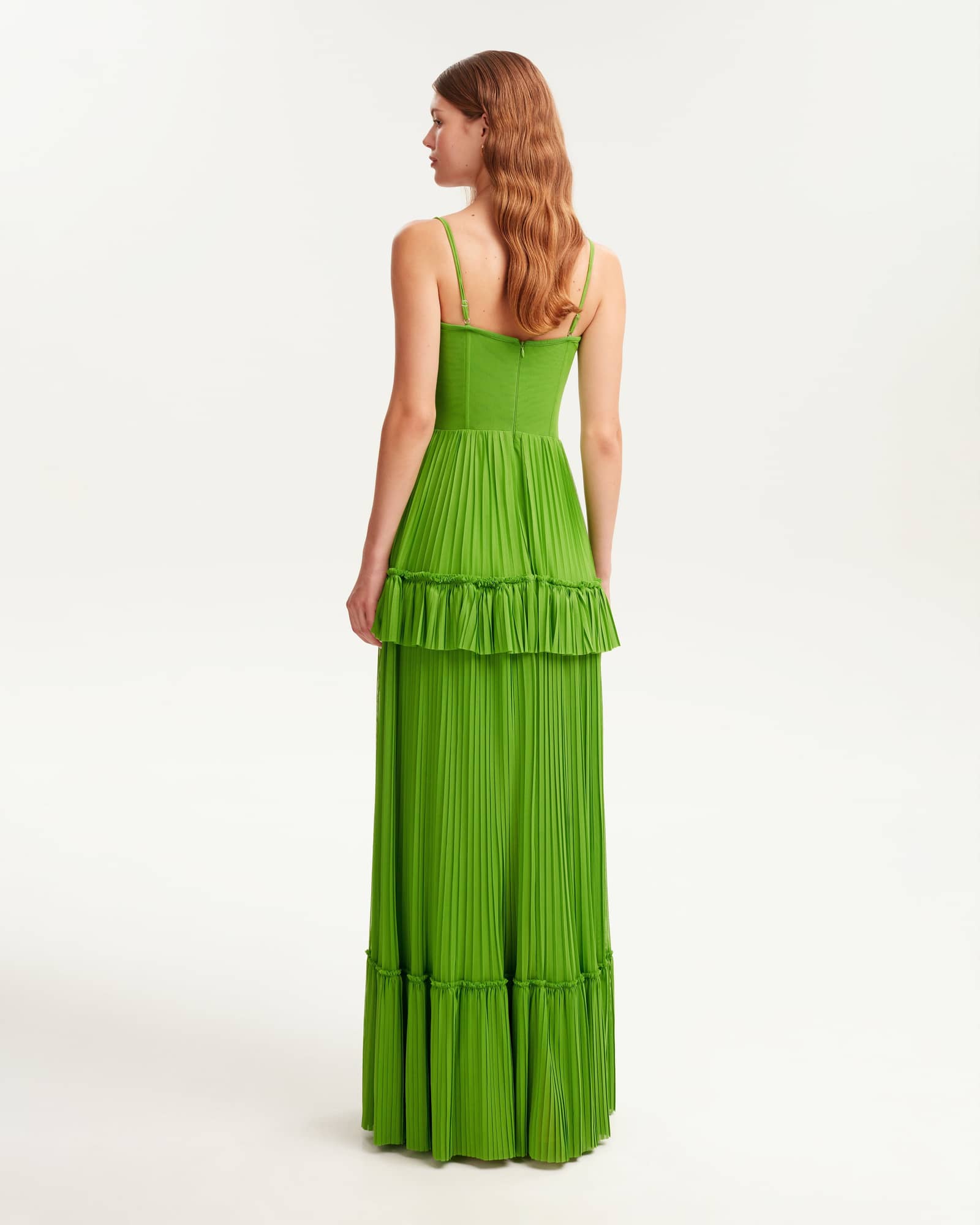 Green spaghetti strap pleated maxi dress, Garden of Eden made by Milla