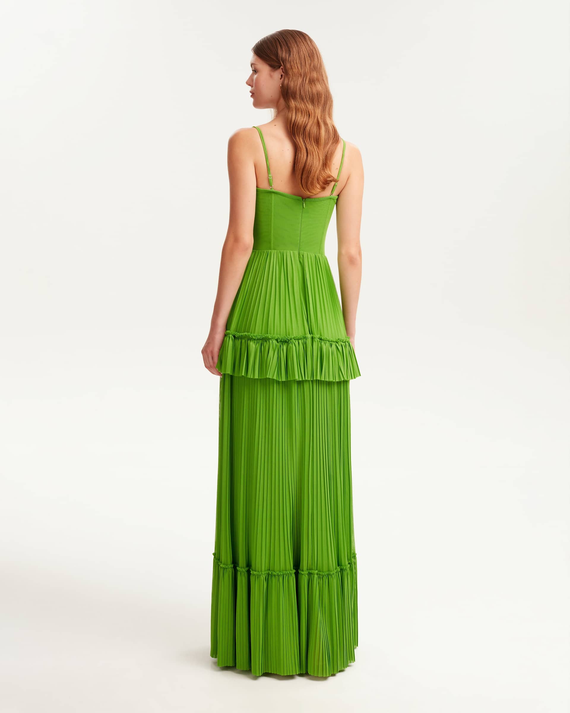 Green spaghetti strap pleated maxi dress, Garden of Eden made by Milla