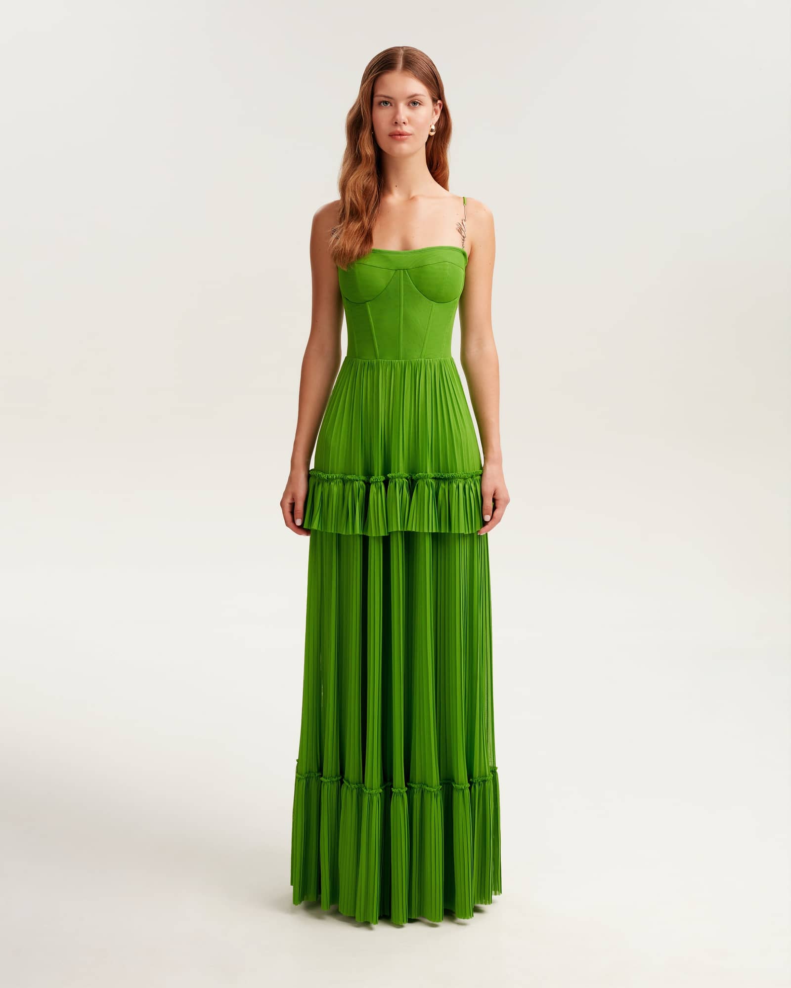Green spaghetti strap pleated maxi dress, Garden of Eden made by Milla