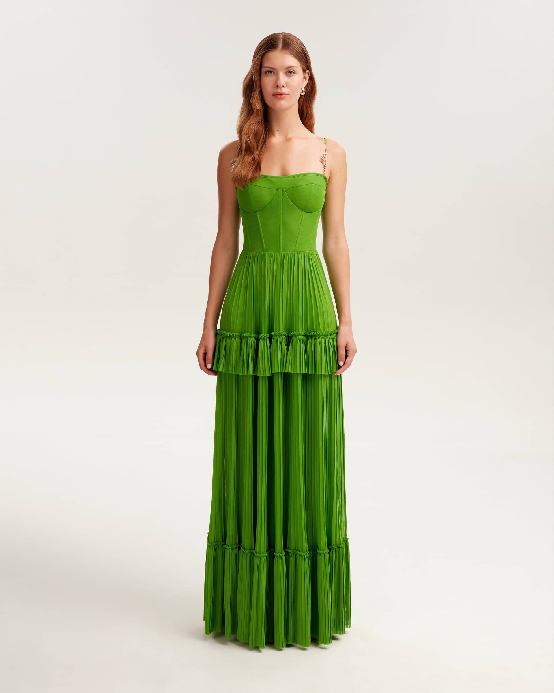 Green spaghetti strap pleated maxi dress, Garden of Eden made by Milla