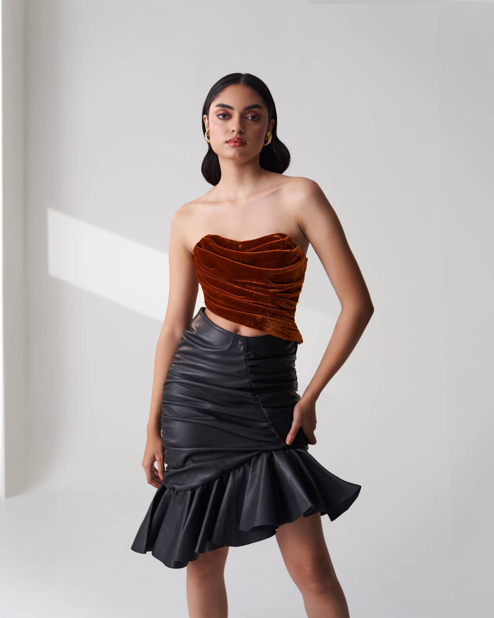 Velvet Draped Bustier made by Szabo Sihag
