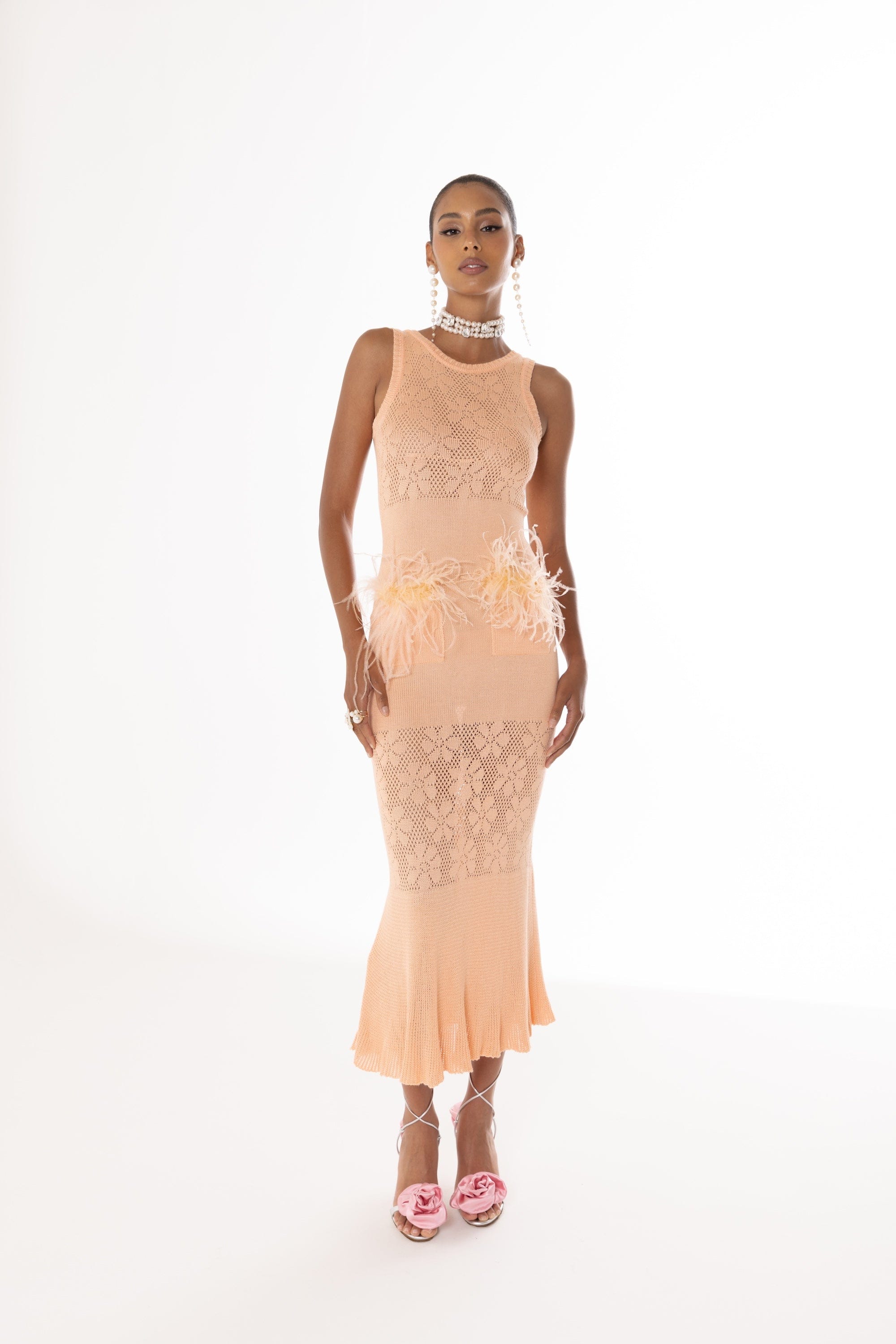 Vanilla Peach Knit Dress With Feathers made by ANDREEVA