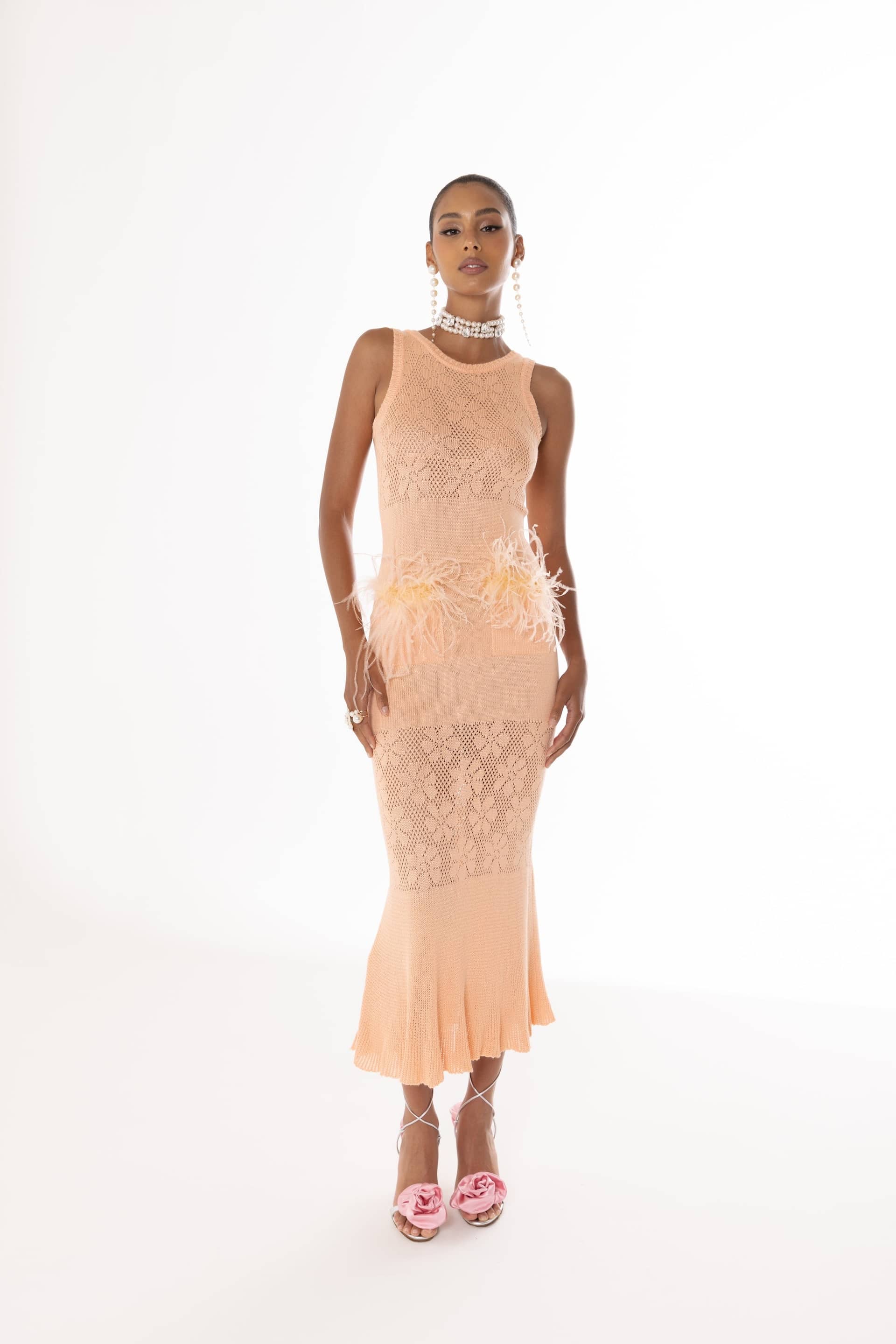 Vanilla Peach Knit Dress With Feathers made by ANDREEVA