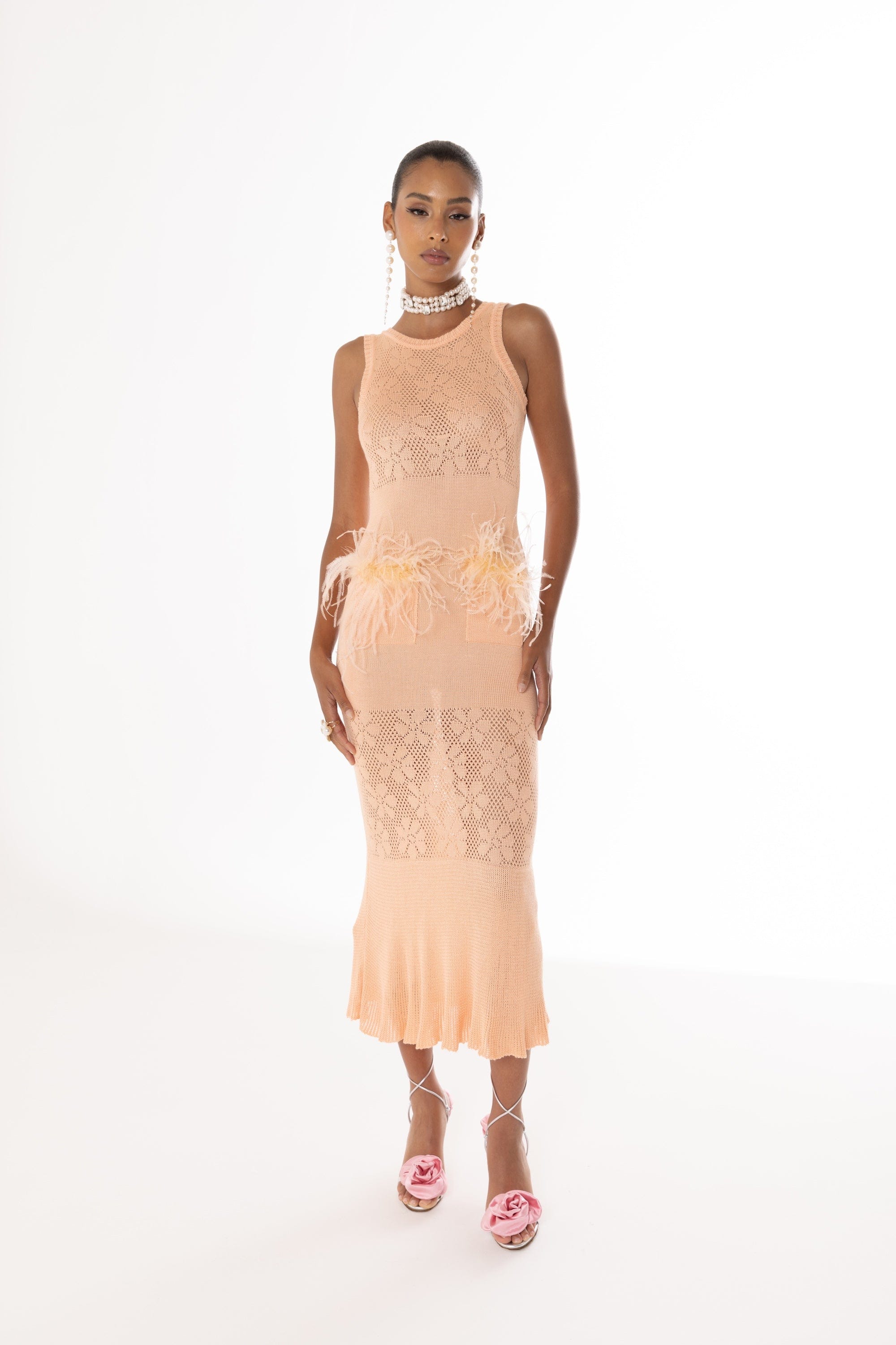 Vanilla Peach Knit Dress With Feathers made by ANDREEVA