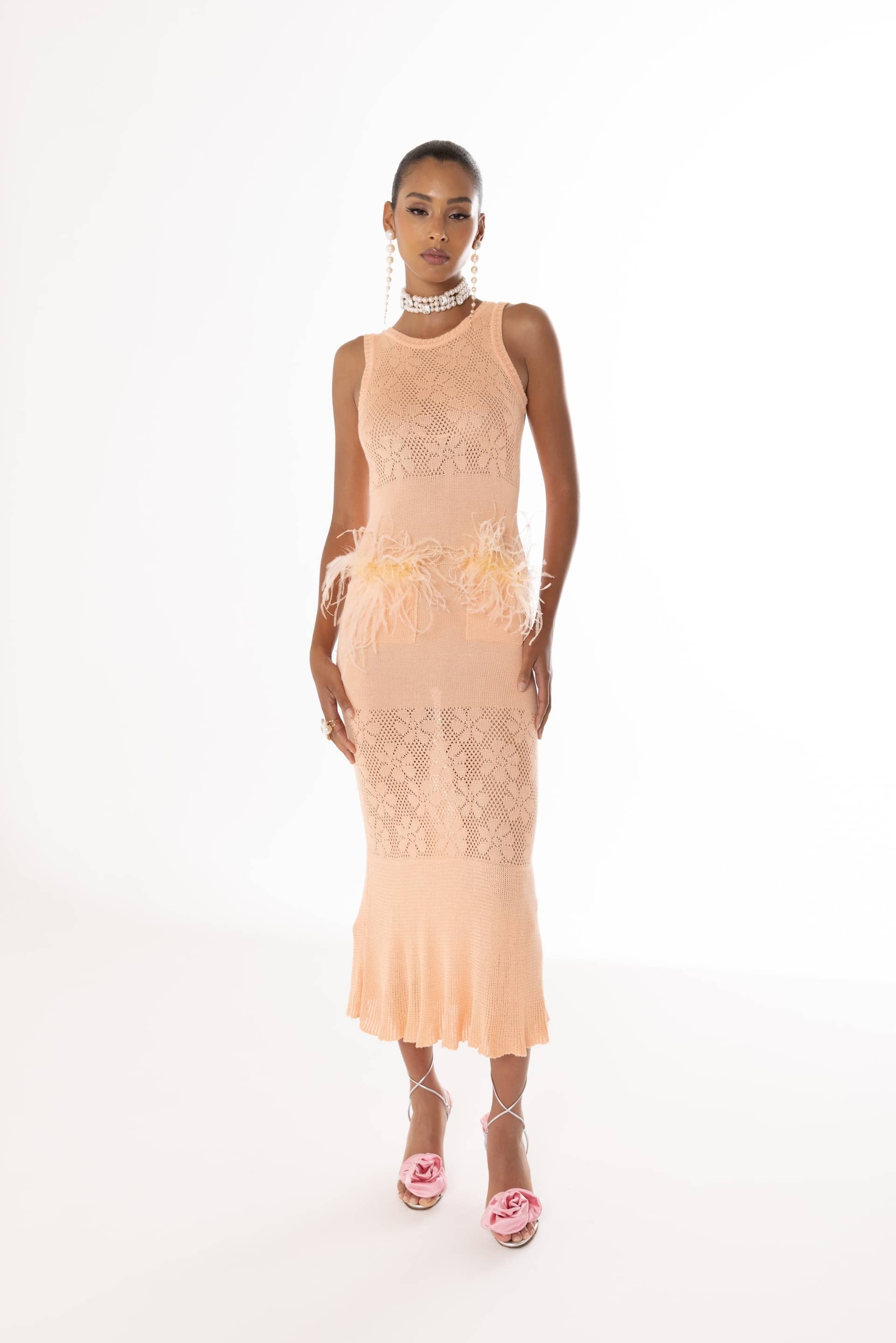 Vanilla Peach Knit Dress With Feathers made by ANDREEVA