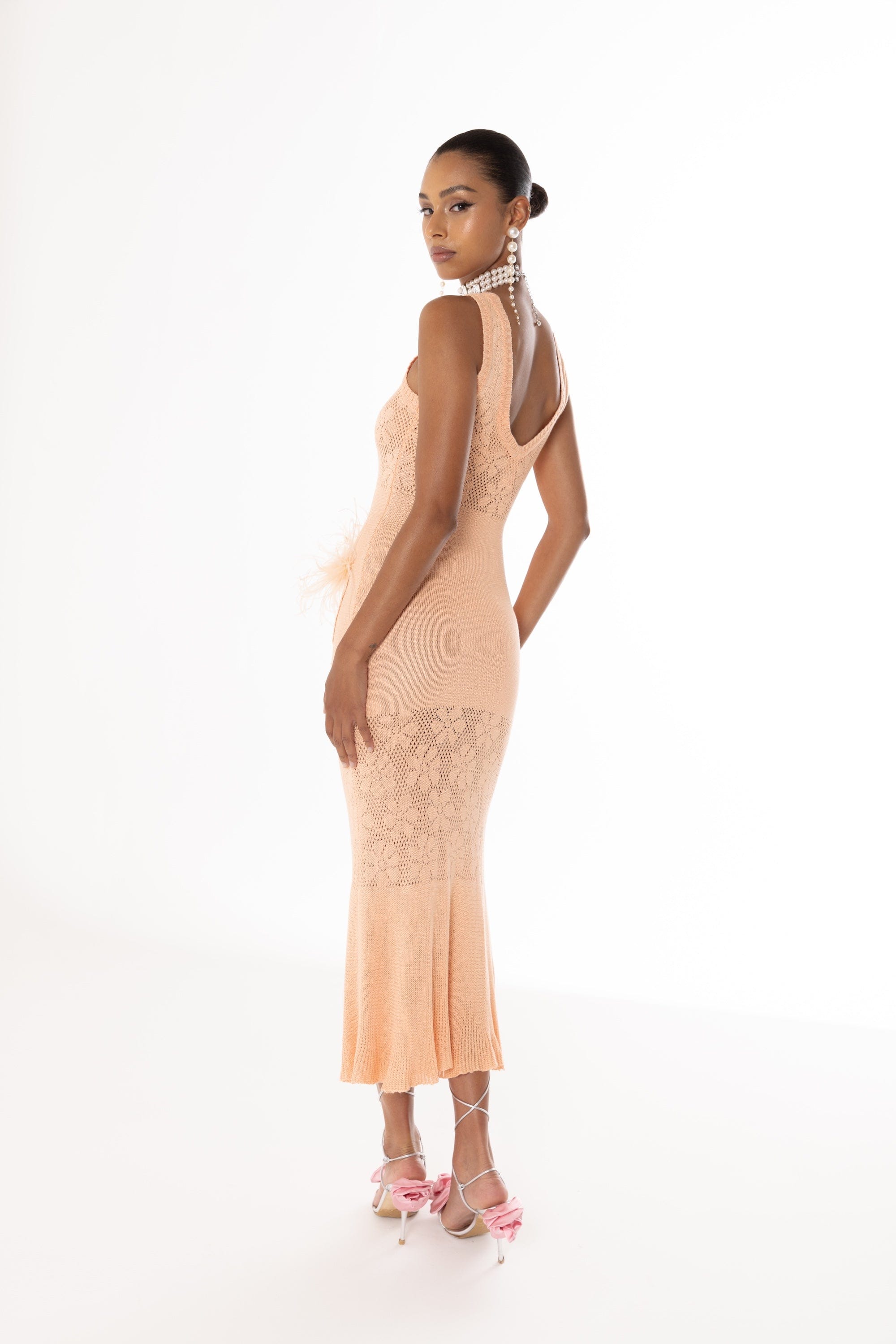 Vanilla Peach Knit Dress With Feathers made by ANDREEVA