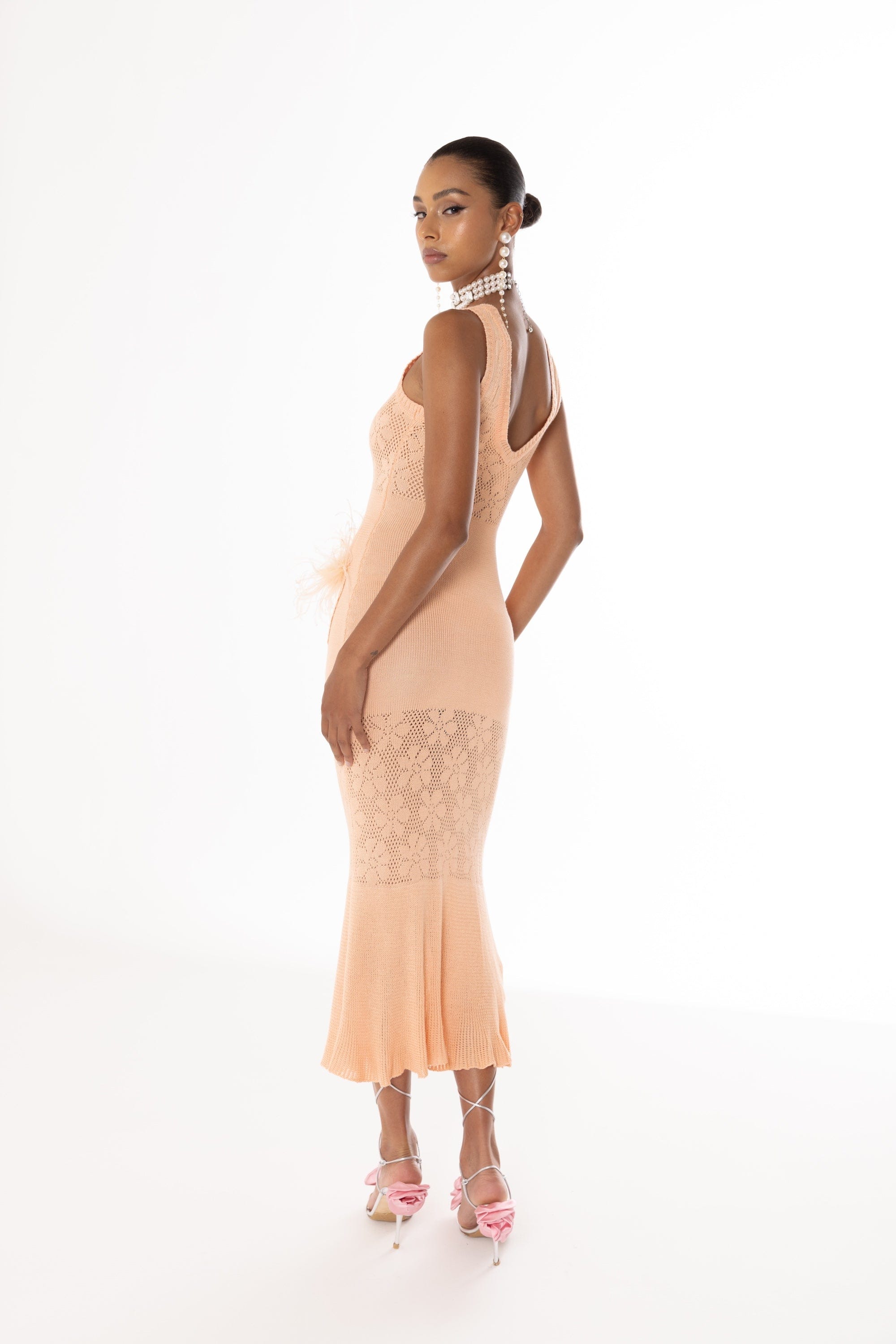 Vanilla Peach Knit Dress With Feathers made by ANDREEVA