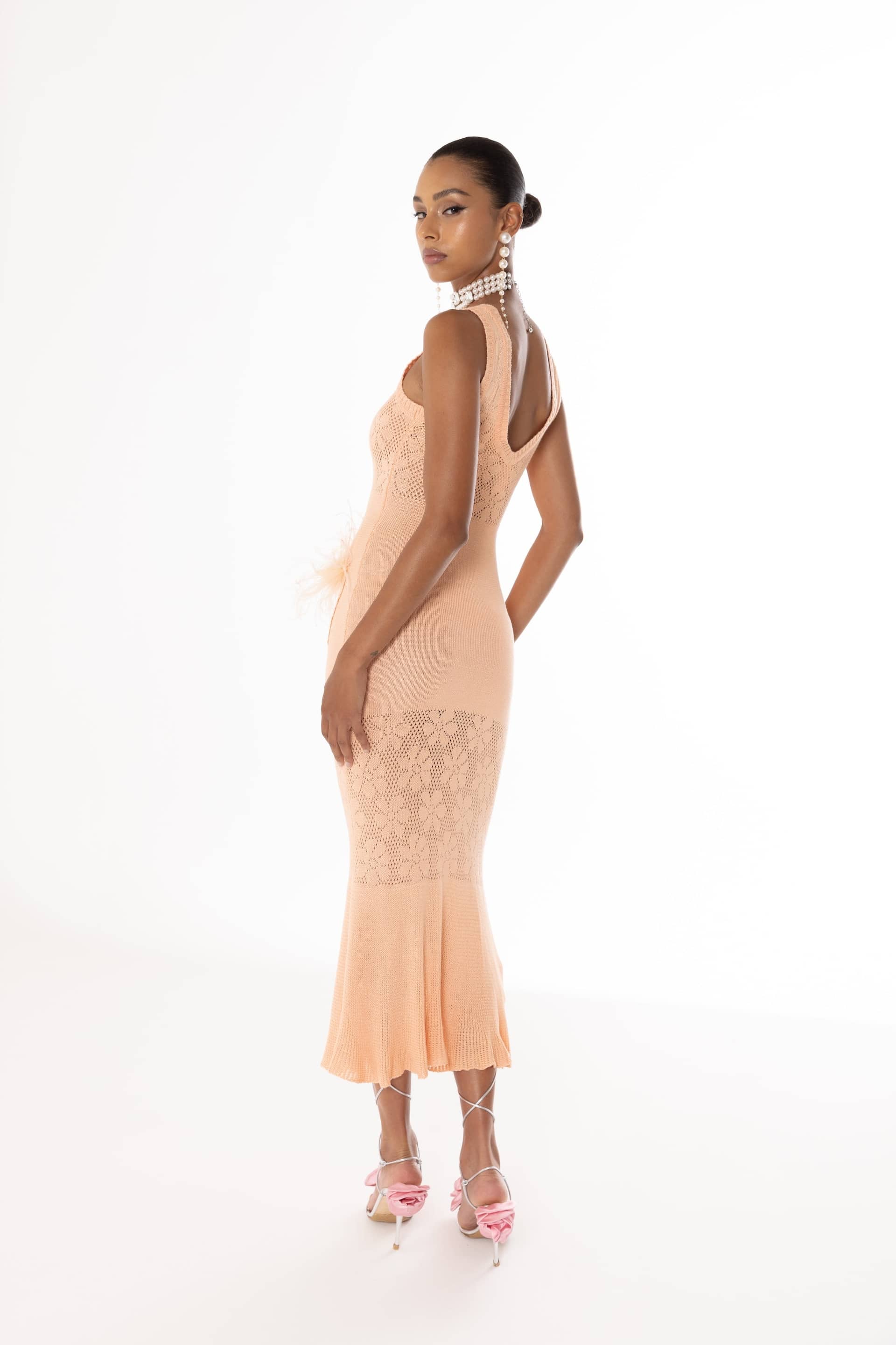 Vanilla Peach Knit Dress With Feathers made by ANDREEVA