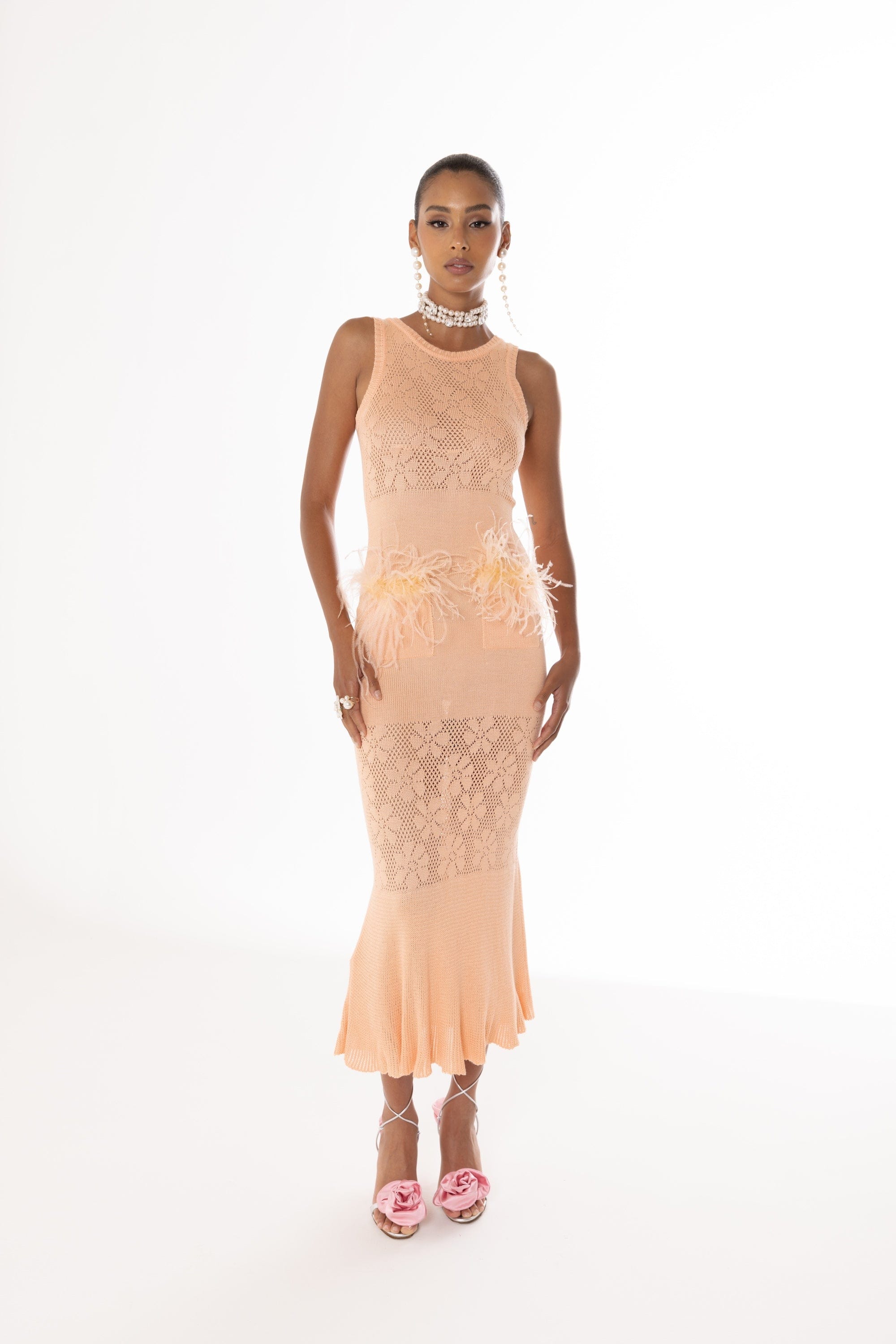 Vanilla Peach Knit Dress With Feathers made by ANDREEVA