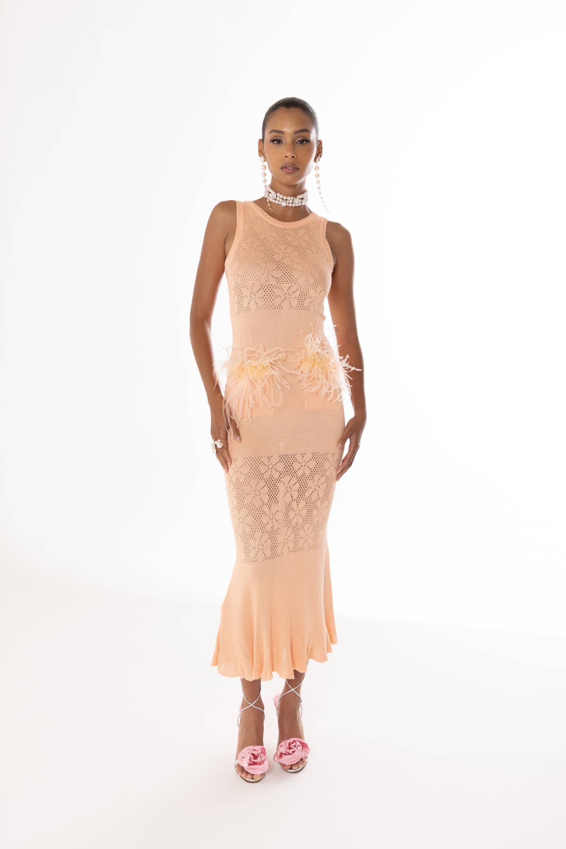 Vanilla Peach Knit Dress With Feathers made by ANDREEVA