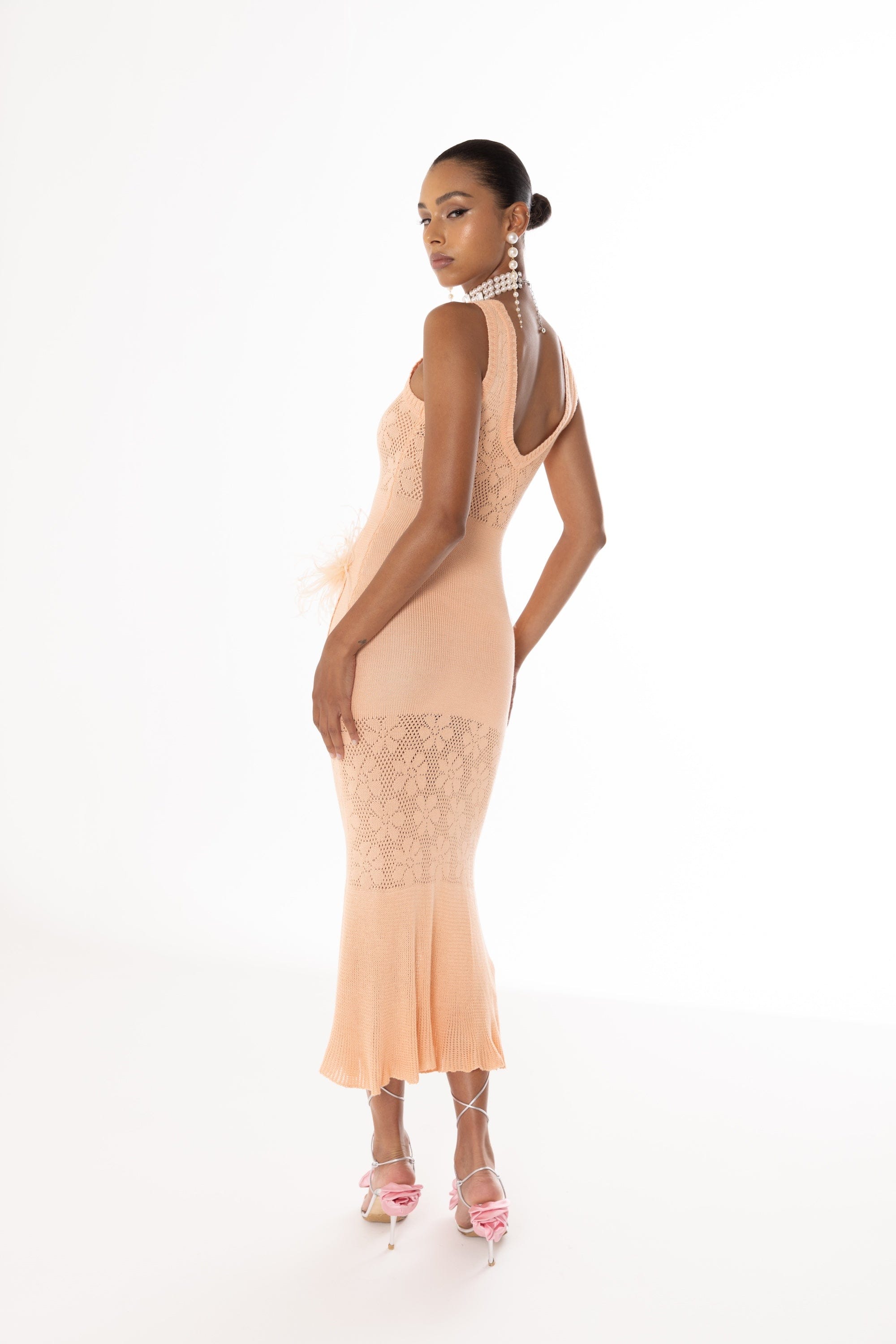 Vanilla Peach Knit Dress With Feathers made by ANDREEVA