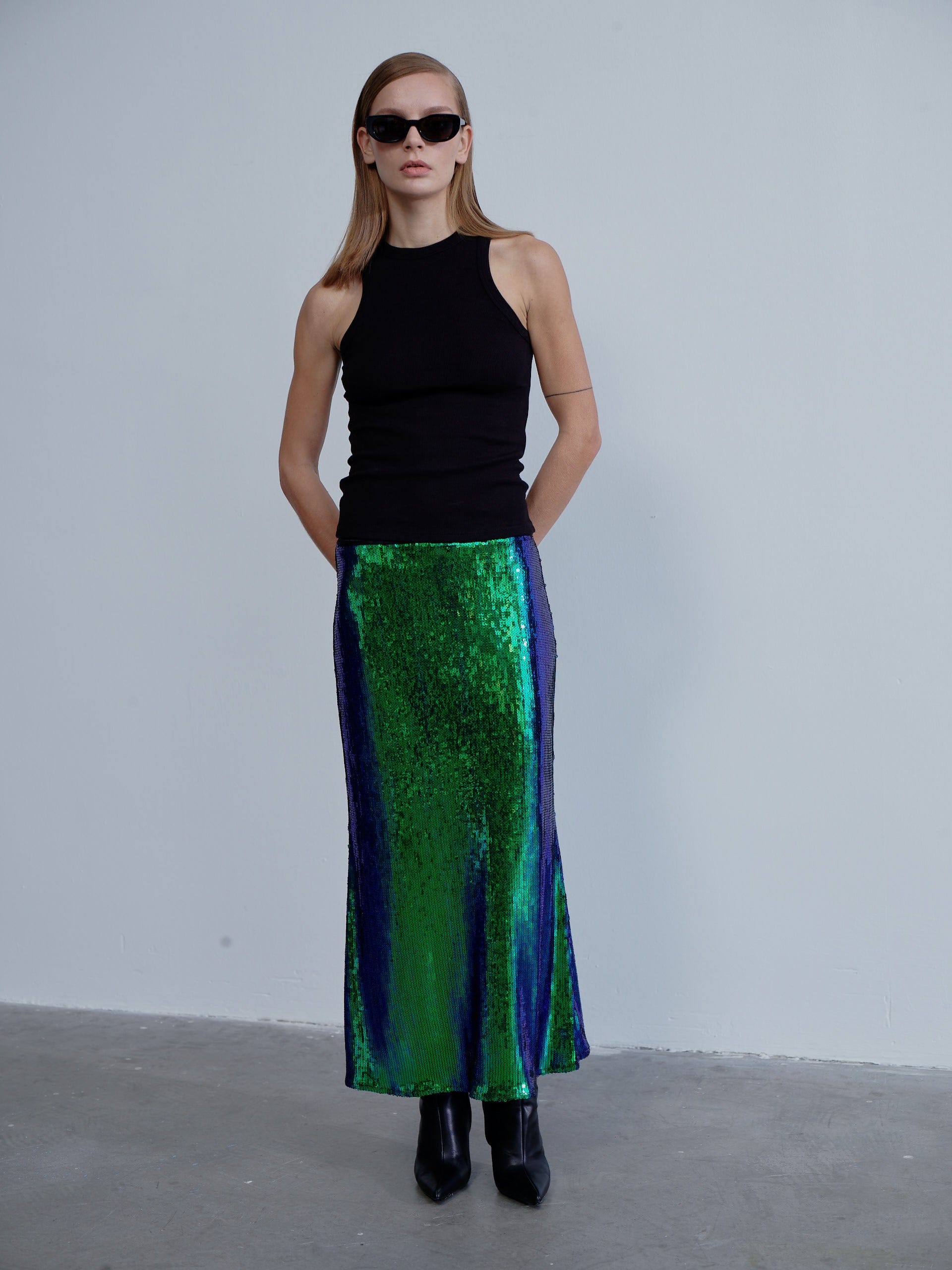 Joelle Sequin Maxi Skirt in Océan Bleu in Green made by Nazli Ceren