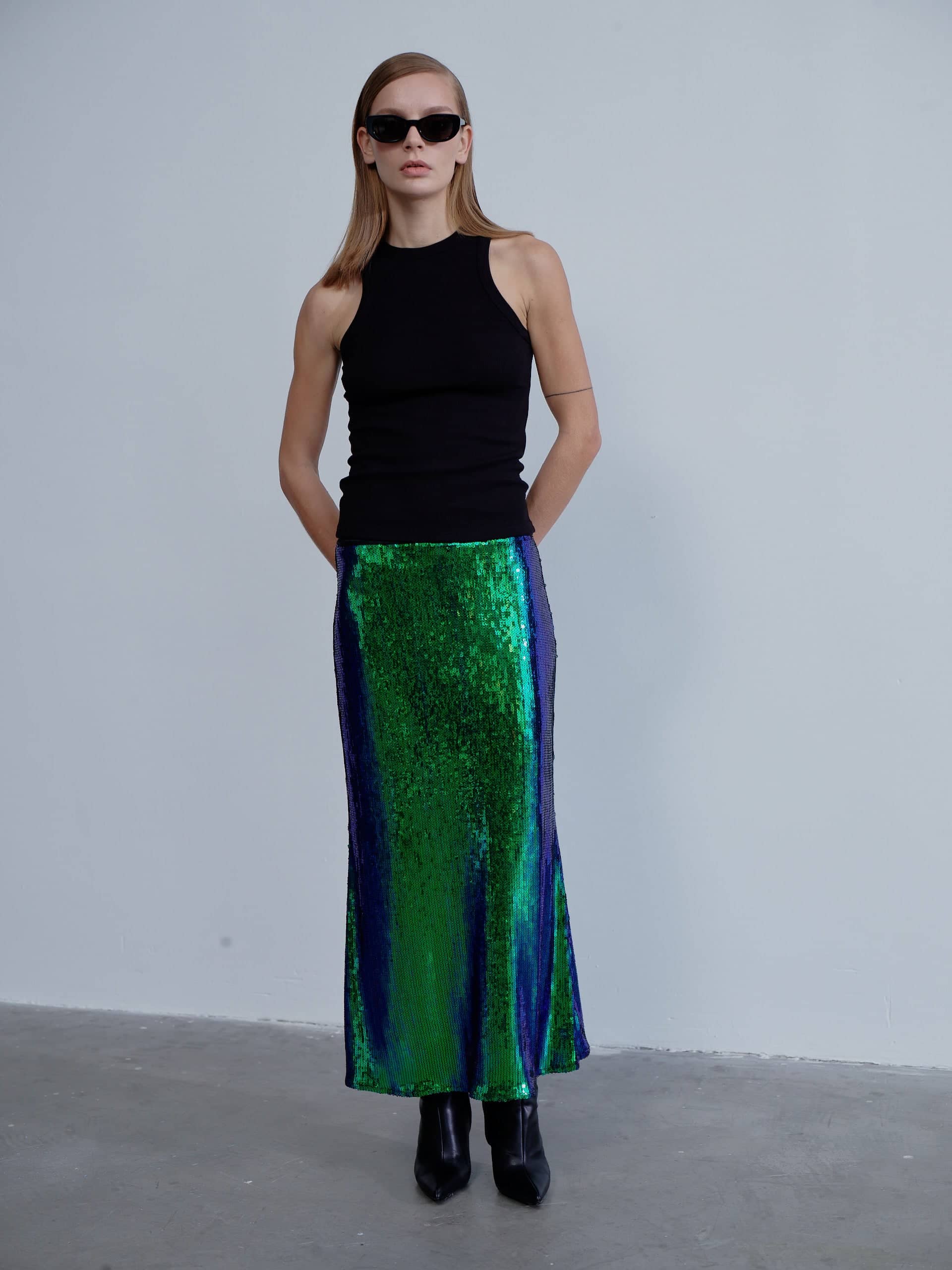 Joelle Sequin Maxi Skirt in Océan Bleu in Green made by Nazli Ceren