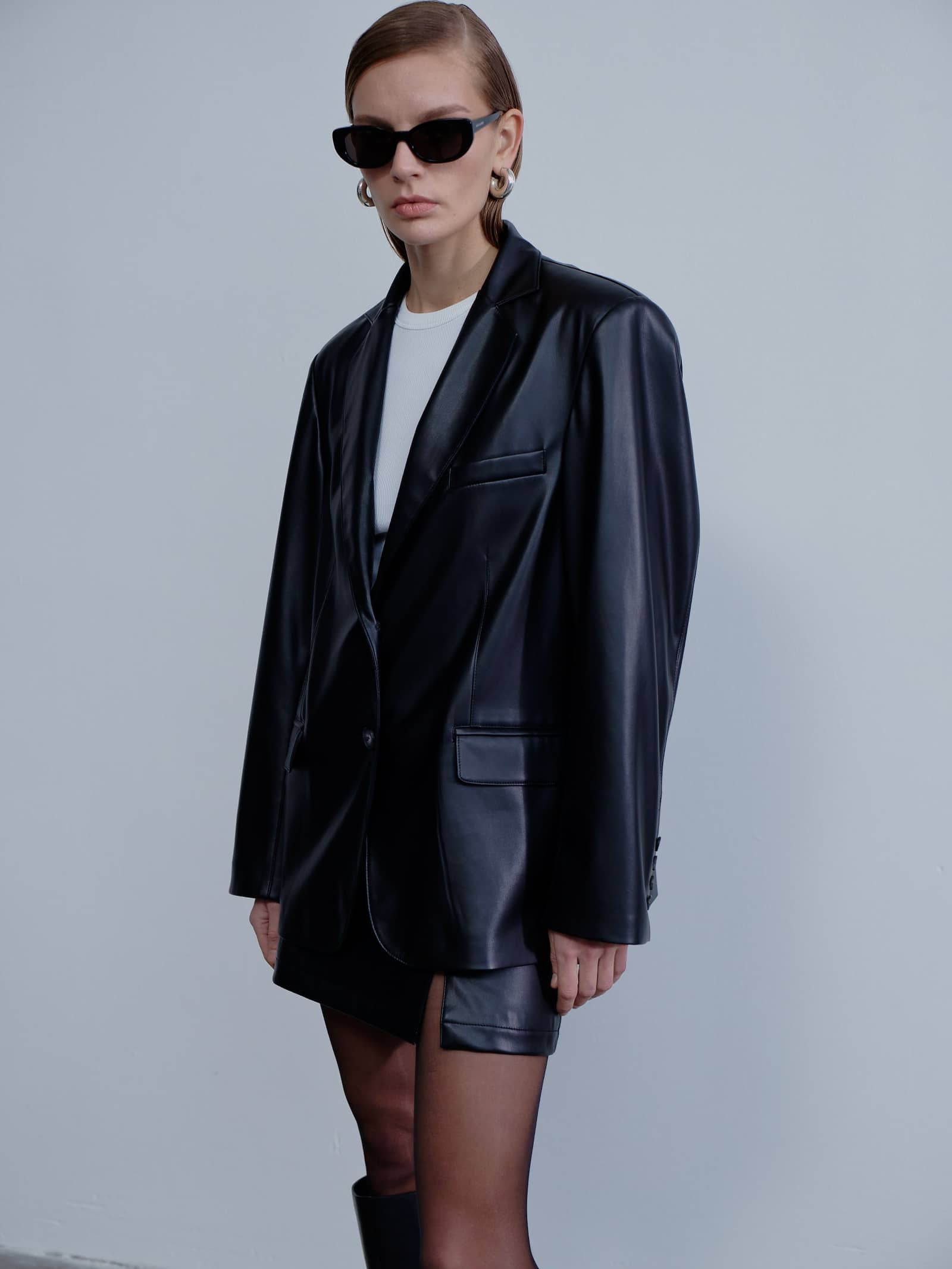 Boxy Oversize Vegan Leather Blazer in Noire in Black made by Nazli Ceren