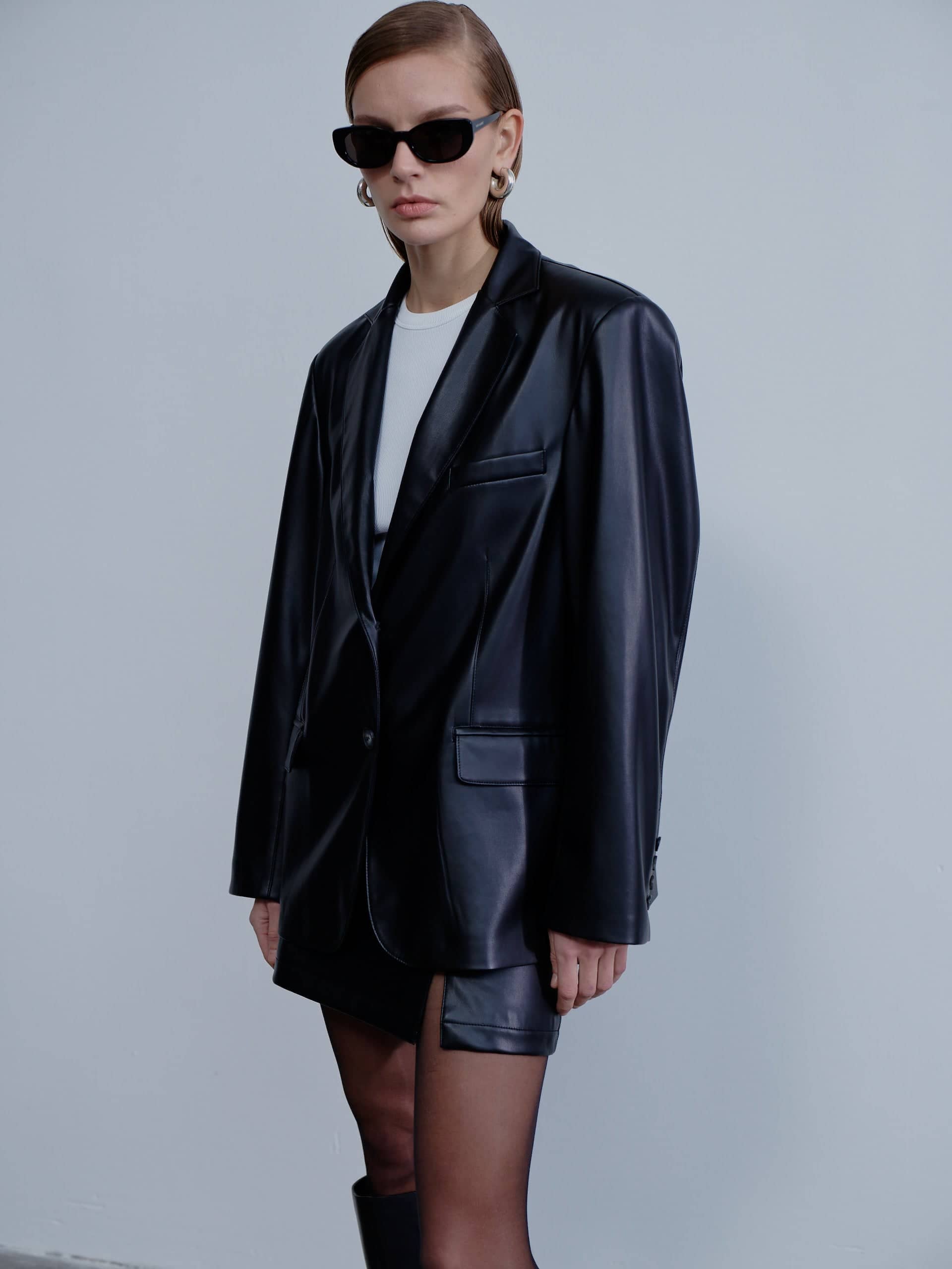 Boxy Oversize Vegan Leather Blazer in Noire in Black made by Nazli Ceren